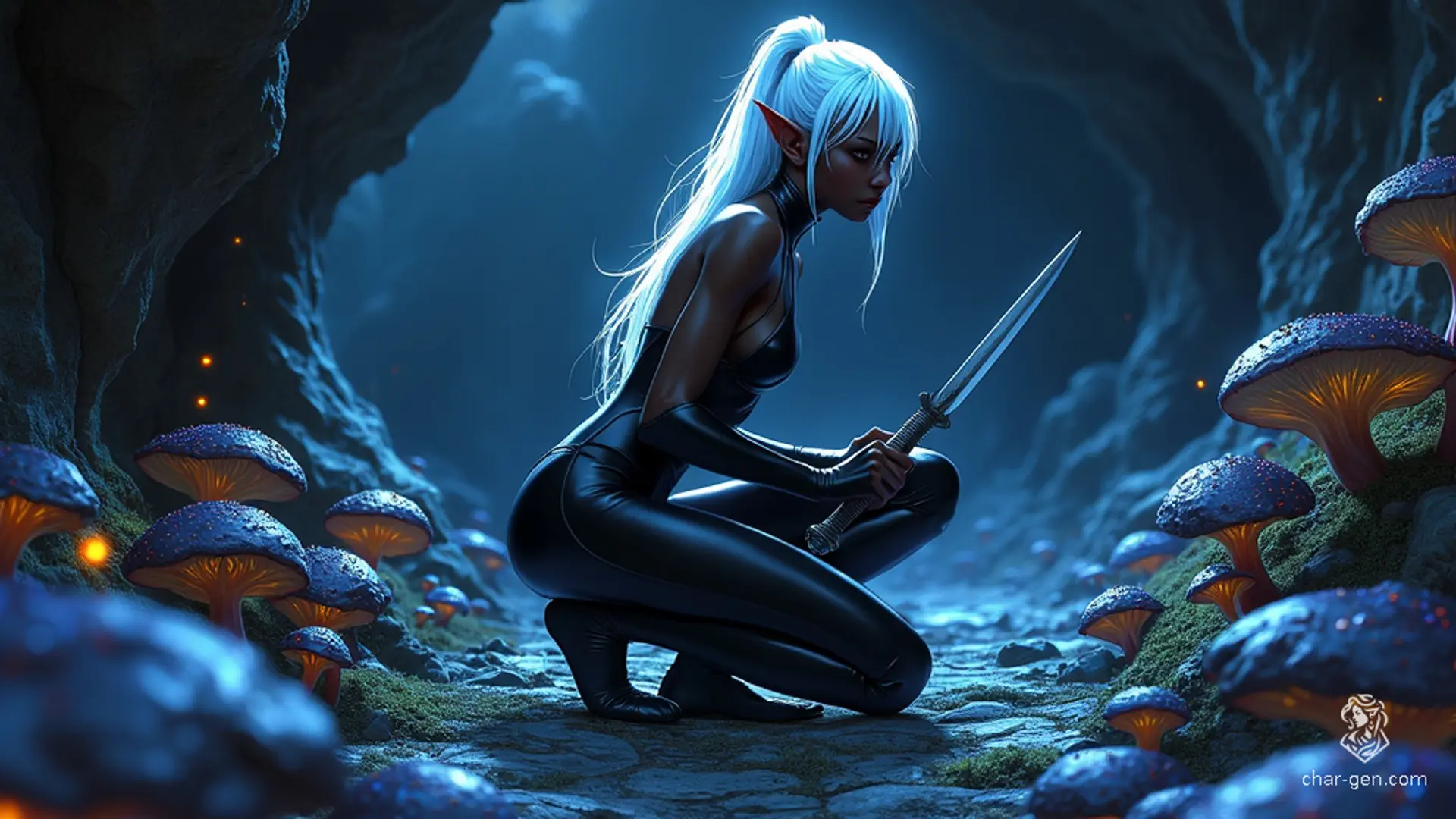 A stealthy female drow elf with dark, ebony skin, crouches in a ready position. Her pure white hair is pulled into a high ponytail, complementing her black leather bodysuit with revealing cutouts. She wields dual glowing daggers, poised for a swift strike.