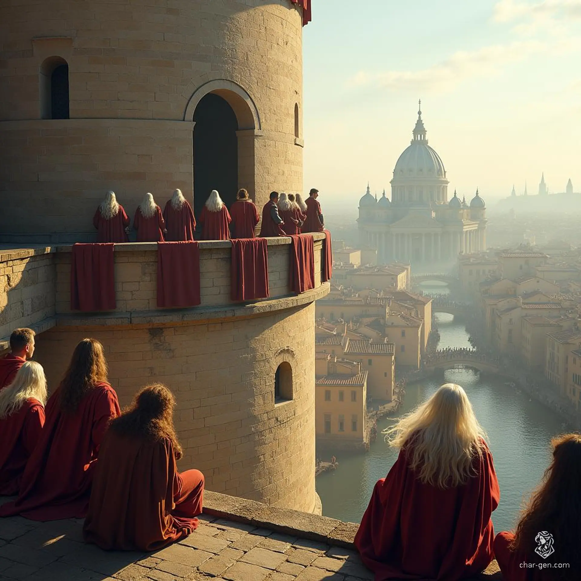 Amidst a sprawling city, a gathering of Gallic-dressed figures silently honors their past. At the forefront, a long-haired veteran's haunting lament drifts through the winter sun, captivating noble warriors perched by an ornate fountain, echoing tales of valor and loss in a moment of solemn reflection.