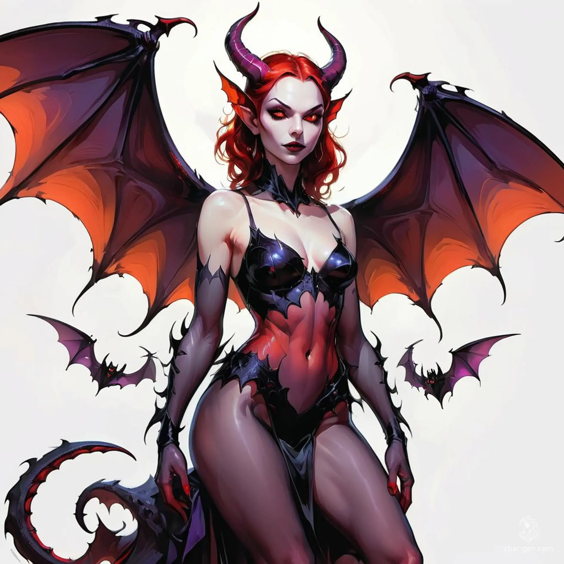 A Succubus: a stunningly beautiful, medium-skinned demoness with bat-like wings and an alluring gaze. This seductive creature sows temptation and feeds on souls, depicted in a full-body, 2D digital painting with intricate hand-drawn details.