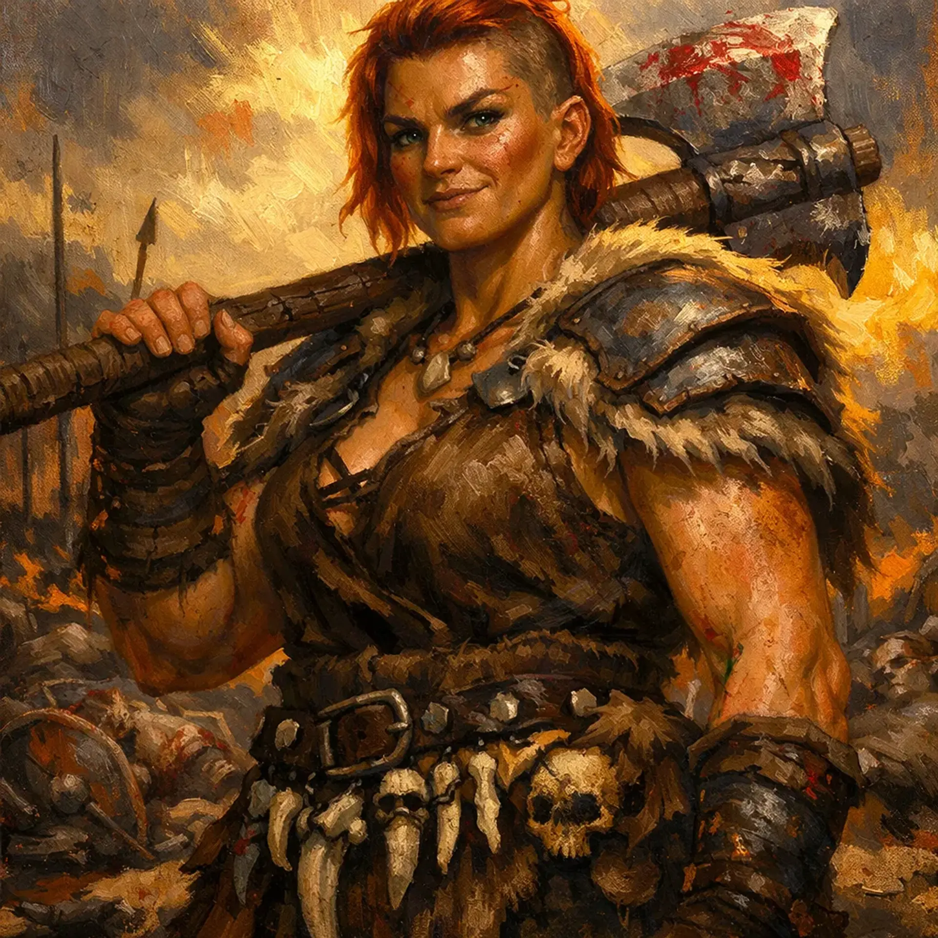 Broad-shouldered, medium-skinned barbarian with a powerful stance and cropped dark hair; faint smile lines soften a fierce jaw. Muscled arms and callused hands contrast with worn furs and layered leathers. Scarred knuckles and a massive greataxe slung at her back.