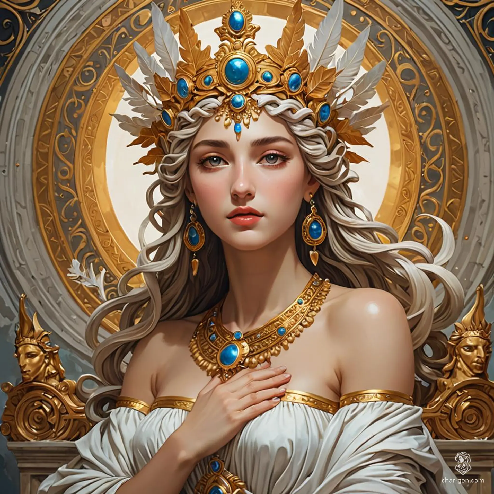 Elysia, the Greek goddess of dreams, weaves ethereal visions in her starry realm. With flowing robes of twilight hues and hair adorned with shimmering constellations, she inspires artists and dreamers alike. Her portraits, brimming with enchantment, capture the essence of hope and imagination in a fantastical world.