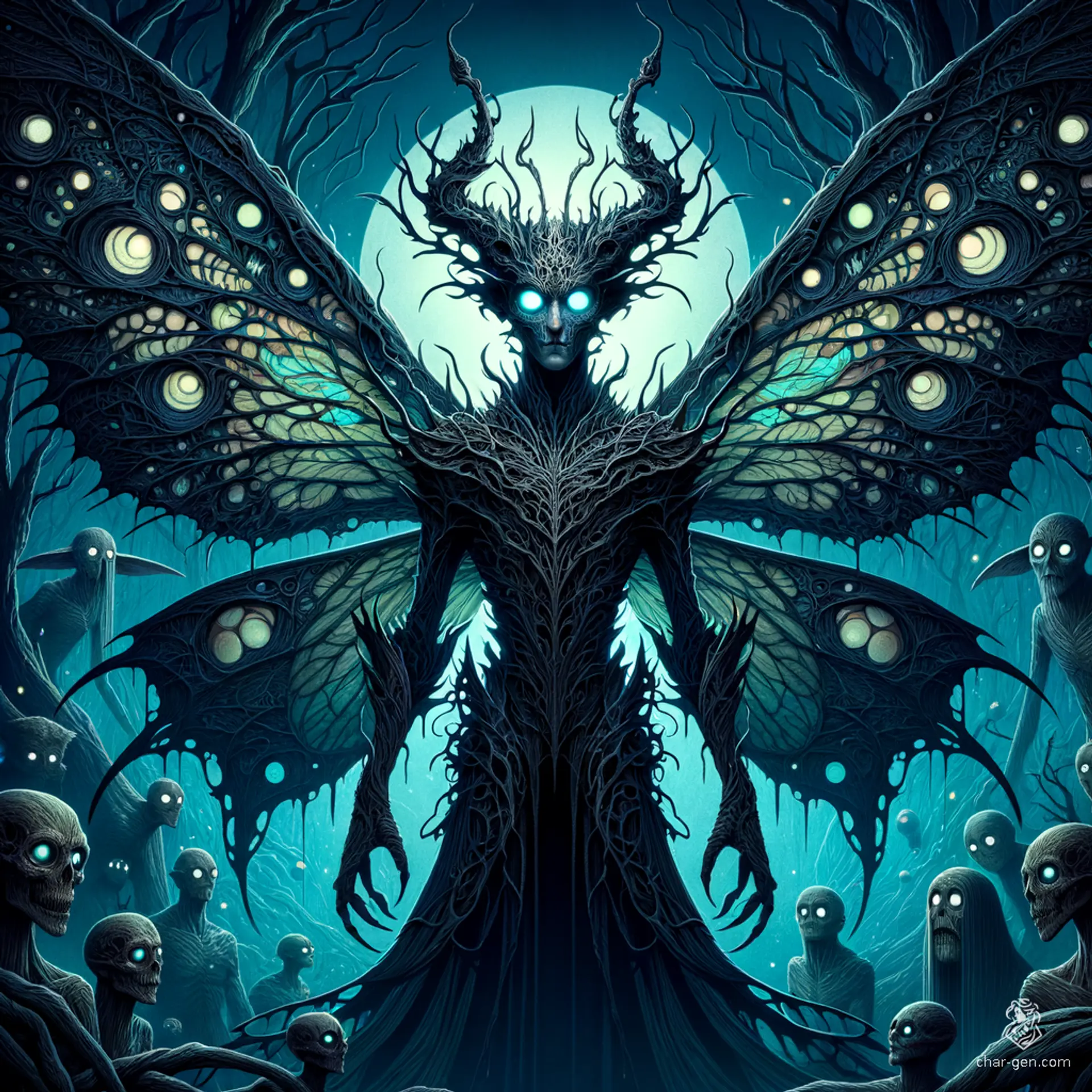 A menacing dark fey god, blending fairy and demonic elements, with large, eerie-patterned moth wings that faintly glow. Adorned in organic, vine-like dark armor shimmering with an ethereal sheen, and a stern, angular face with glowing eyes, crowned with twisted, thorn-like branches.