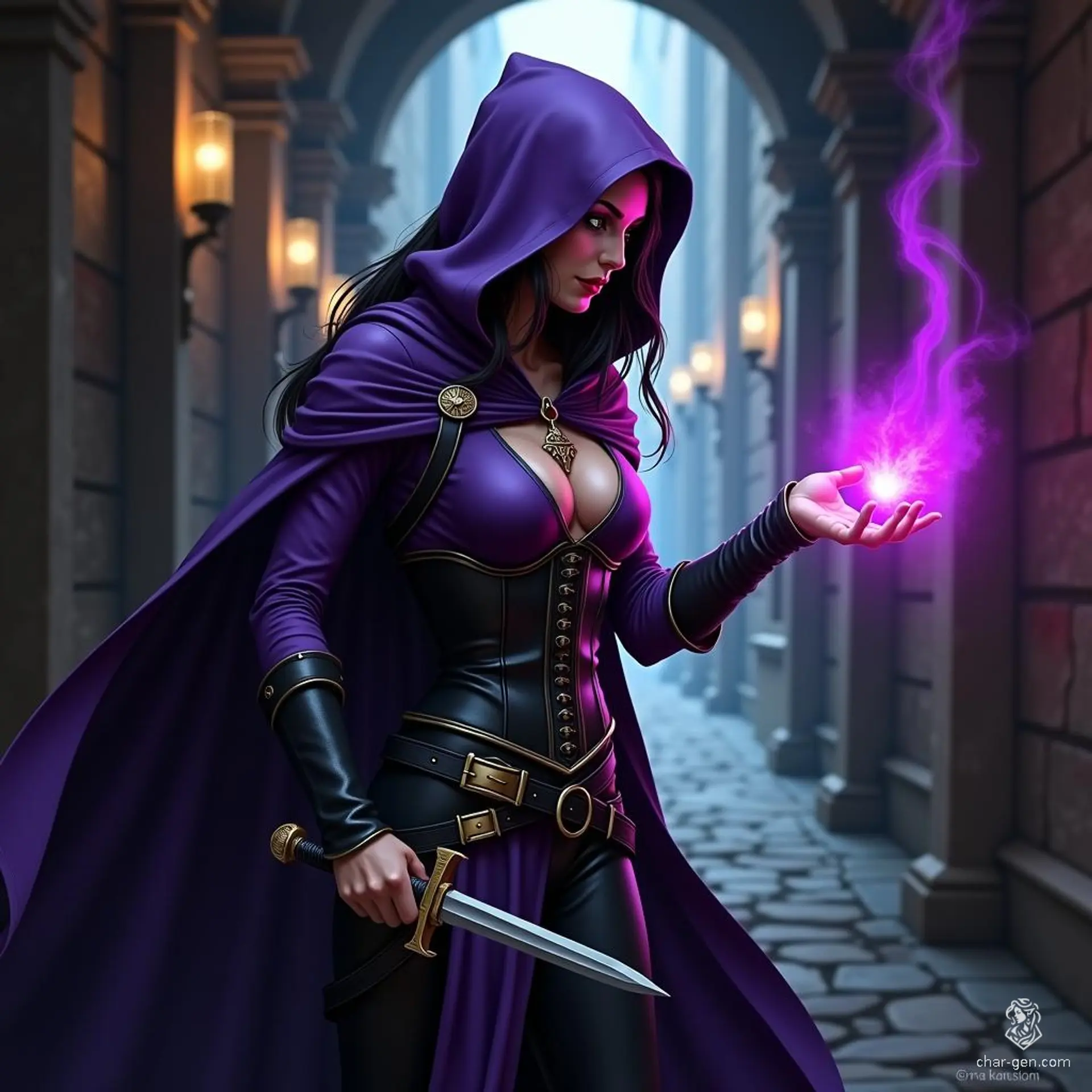 In a shadowy medieval hallway, a stealthy female elf arcane trickster rogue deftly casts a shimmering purple spell. Clad in a purple hood and black leather corset, she wields a dagger with precision, embodying the perfect blend of magic and mischief.