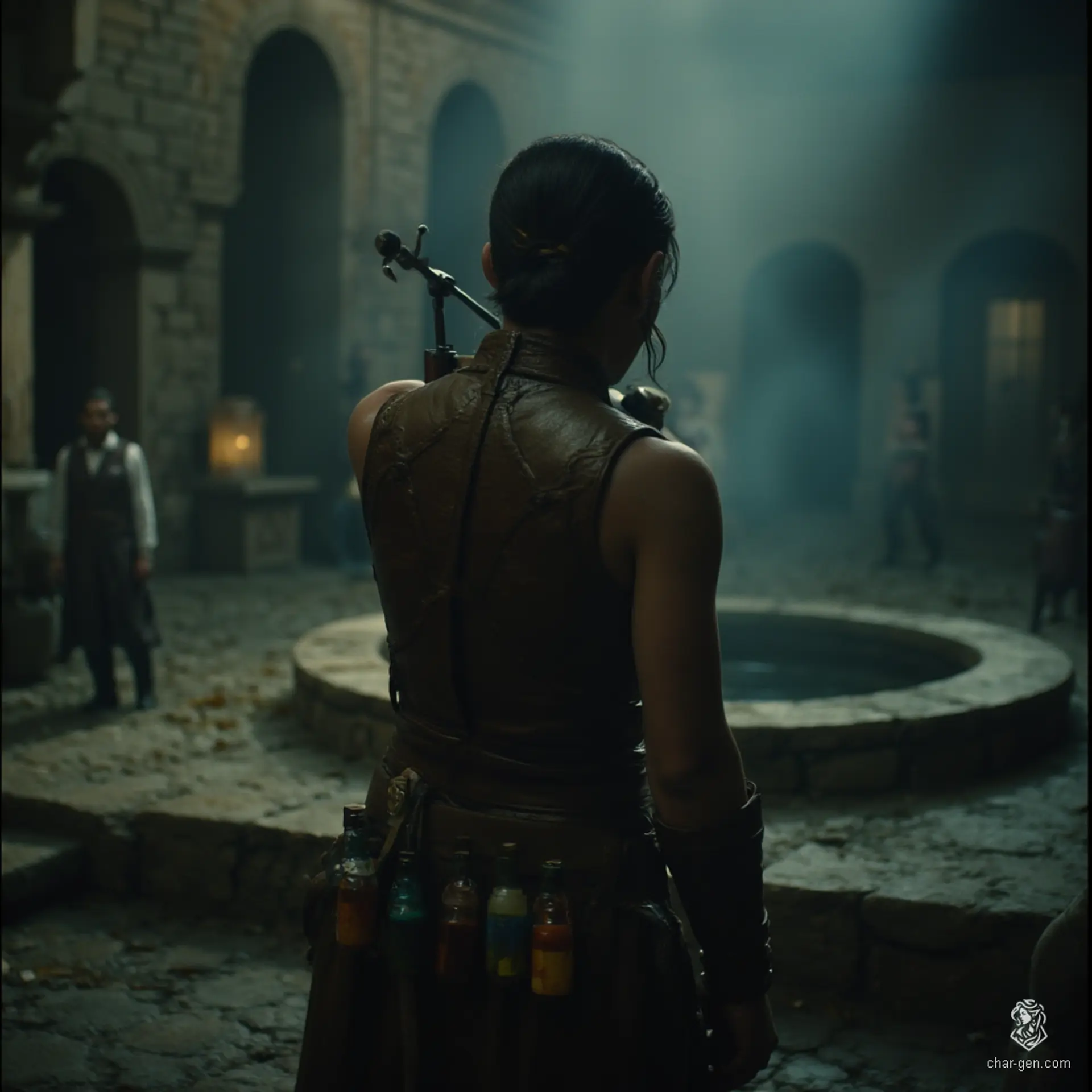 Izzy is a cunning halfling assassin, standing 1.5 meters tall with olive skin and subtle green scales that shimmer in the light. With solid yellow-green eyes, she embodies stealth and competence, equipped with a heavy crossbow and vials of deadly poisons. Her graceful yet formidable presence radiates an exhilarating thrill for the hunt.