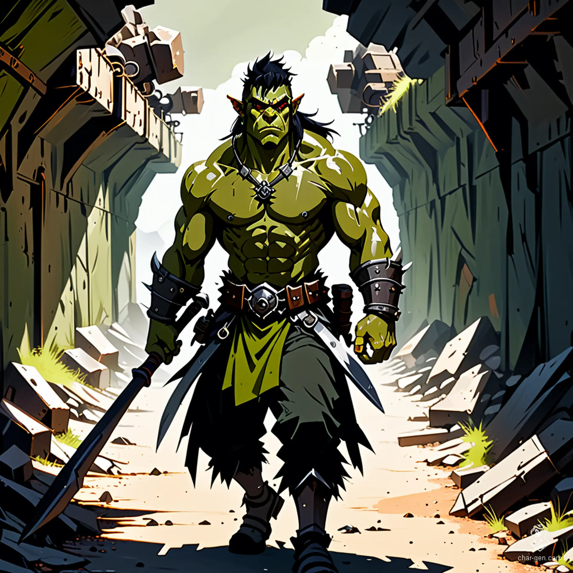 Arturo Gatti is a rugged half-orc barbarian with olive green skin and fading gold eyes, wielding a pike with strength. At 55, he embodies resilience but struggles with intelligence and city vices. Driven by a quest for retribution, he seeks justice for the downtrodden and to reunite with loved ones.