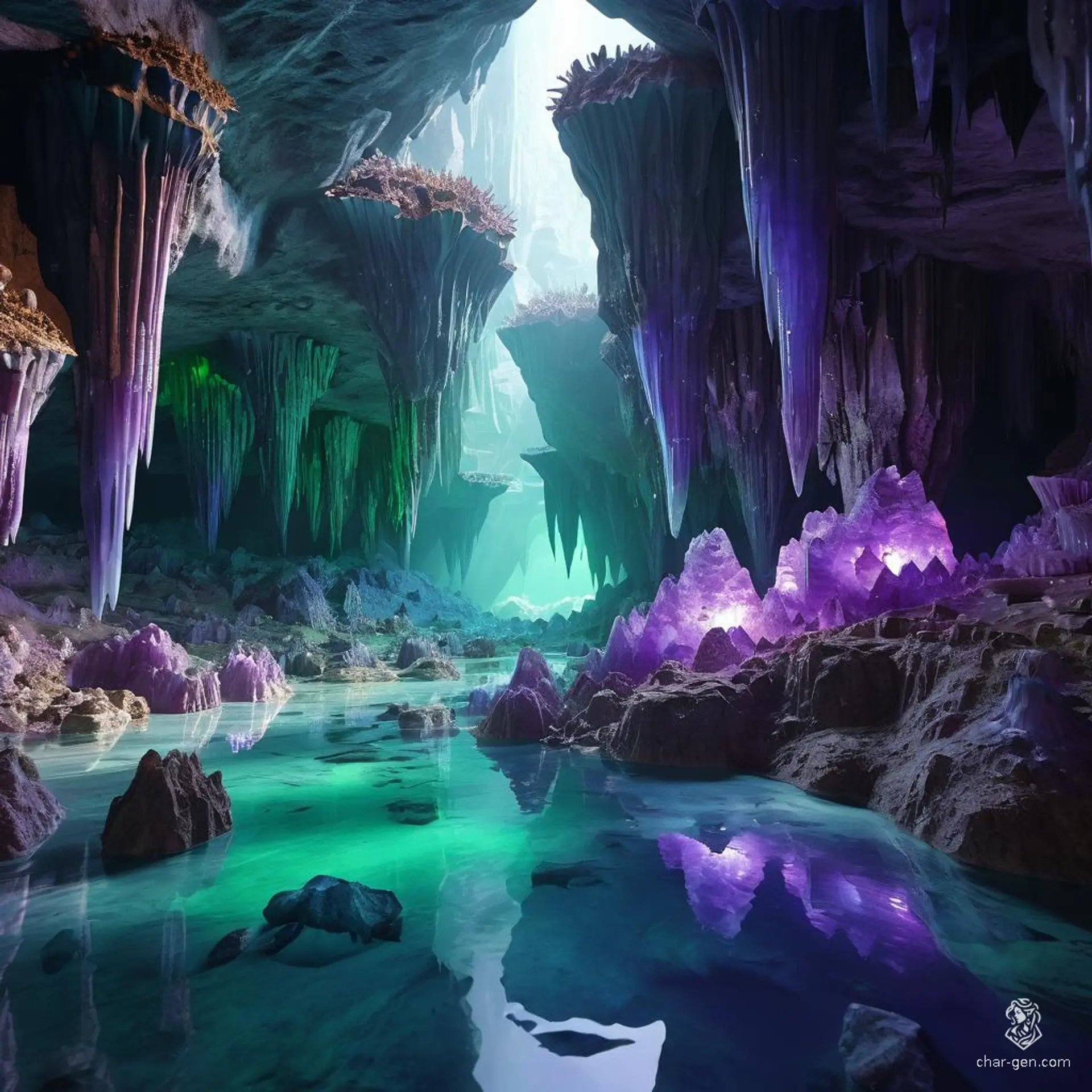 In a mesmerizing cavern awash with vibrant hues of purple, green, and blue, towering stalagmites and stalactites glitter with embedded amethyst diodes. Pools of crystal-clear water reflect the sparkling gemstones, creating an ethereal, otherworldly spectacle.