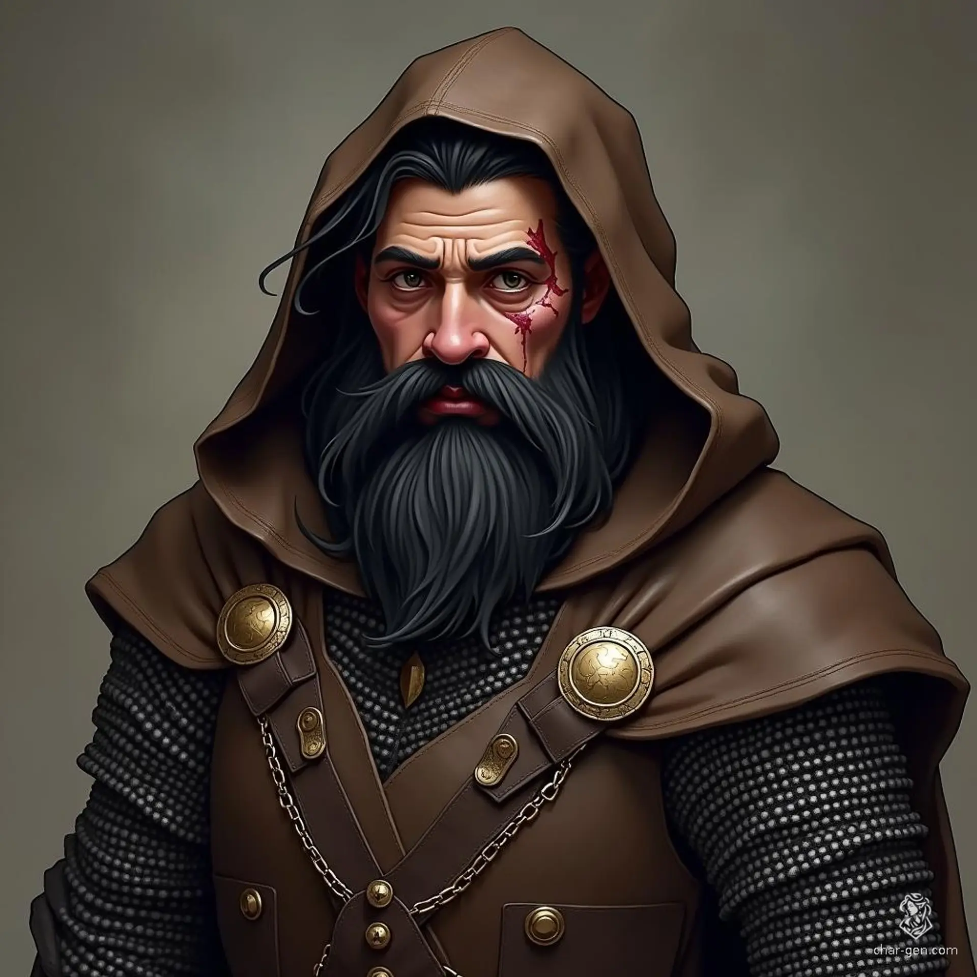 Grom Ironfist is a rugged male dwarf with dark skin, medium black hair, and a well-groomed black beard. Clad in protective chainmail armor beneath his brown cloak and hood, he bears a distinctive scar on his left cheek, hinting at a life filled with battles and adventure.