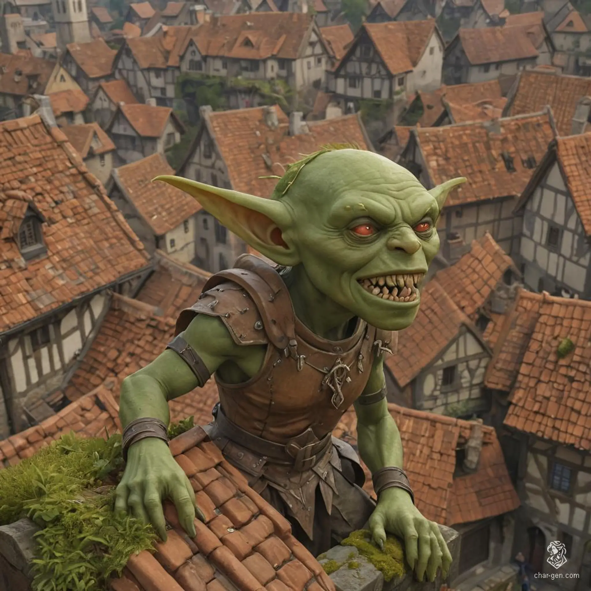 A goblin, standing at 1.5 feet tall, is a small, green-skinned humanoid with large pointed ears, a wide nose, and sharp, uneven yellow teeth. Known for their mischief and cunning, they often dwell in dark, hidden places.