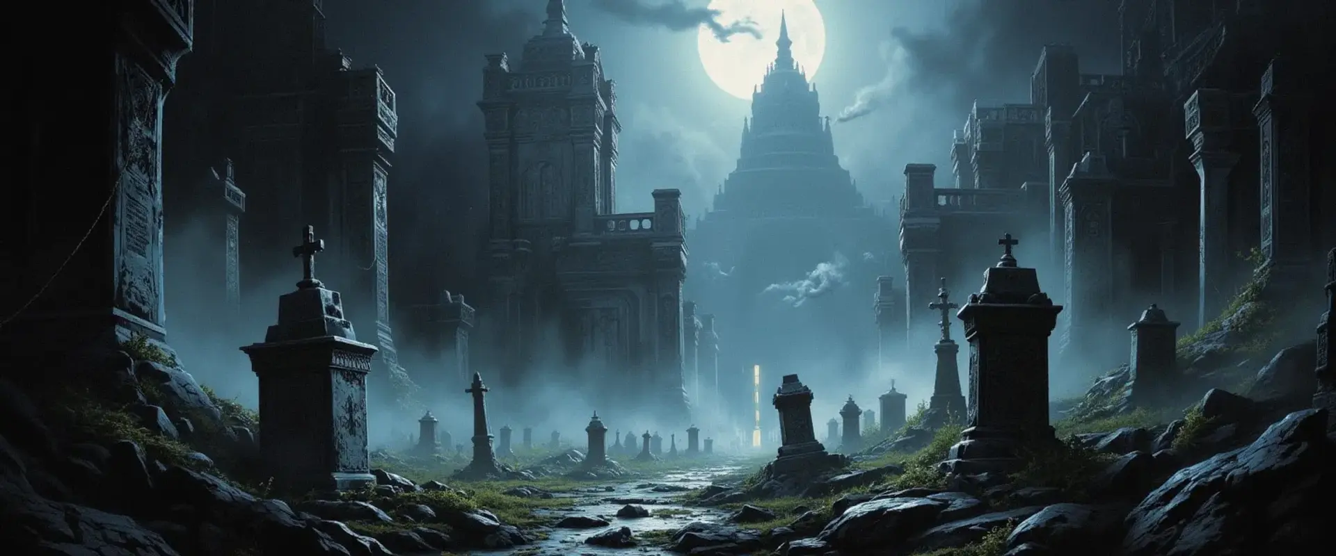 In a fog-shrouded graveyard, crumbling tombstones rise like mournful specters, shrouded in mist. Eerie statues loom, their eyes glinting under the pale moonlight, while will-o'-the-wisps dance amidst fresh graves. Shadows twist and writhe, creating an unsettling, haunting atmosphere that promises dread and despair.
