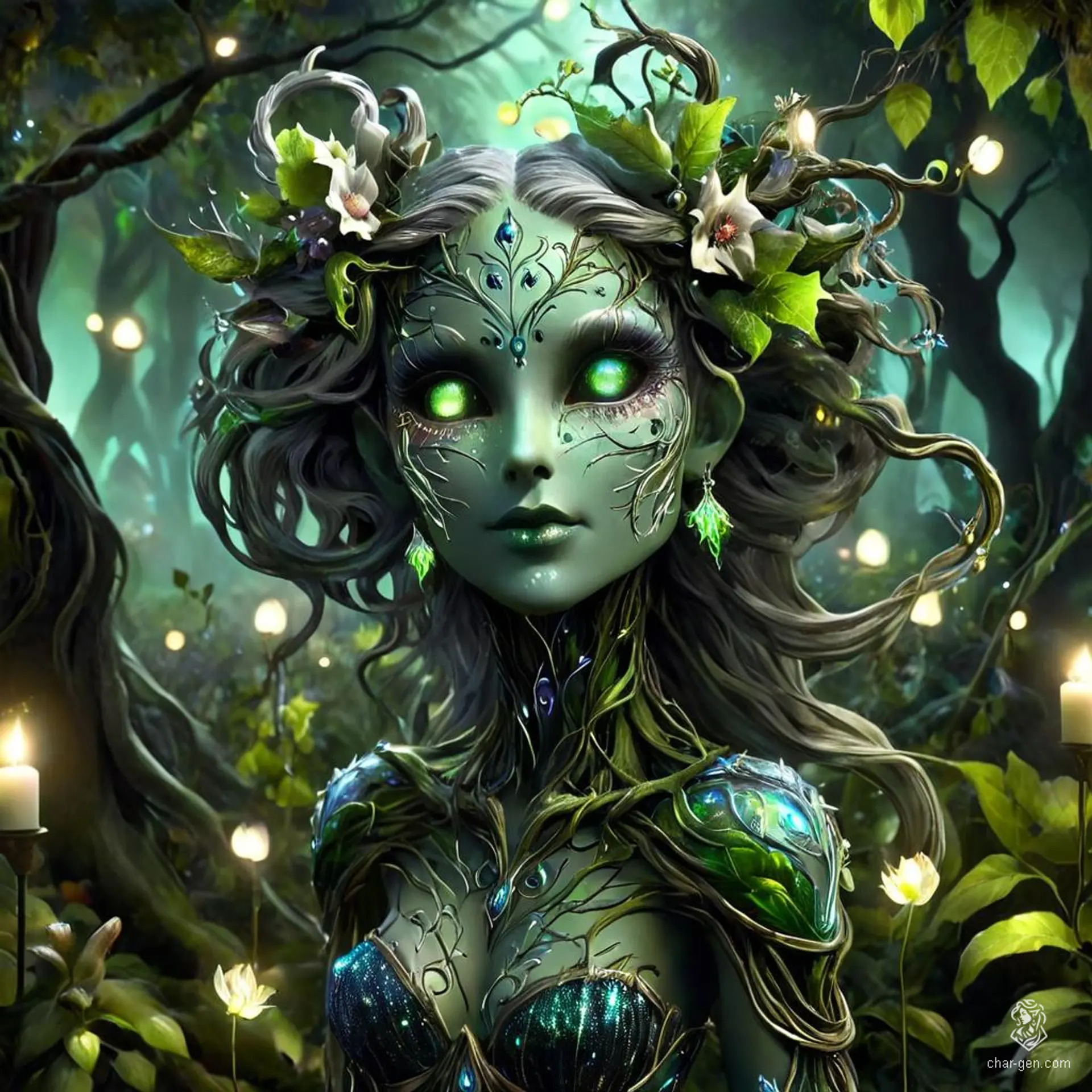 Lyra, a female Sylvari bard, enchants with a magical lute. Her leaf-green skin, vine-like hair, and petal eyelids are adorned with bioluminescent patterns. Her smooth petal skin and flowering vine tendrils exude an ethereal glow, captivating all who behold her.