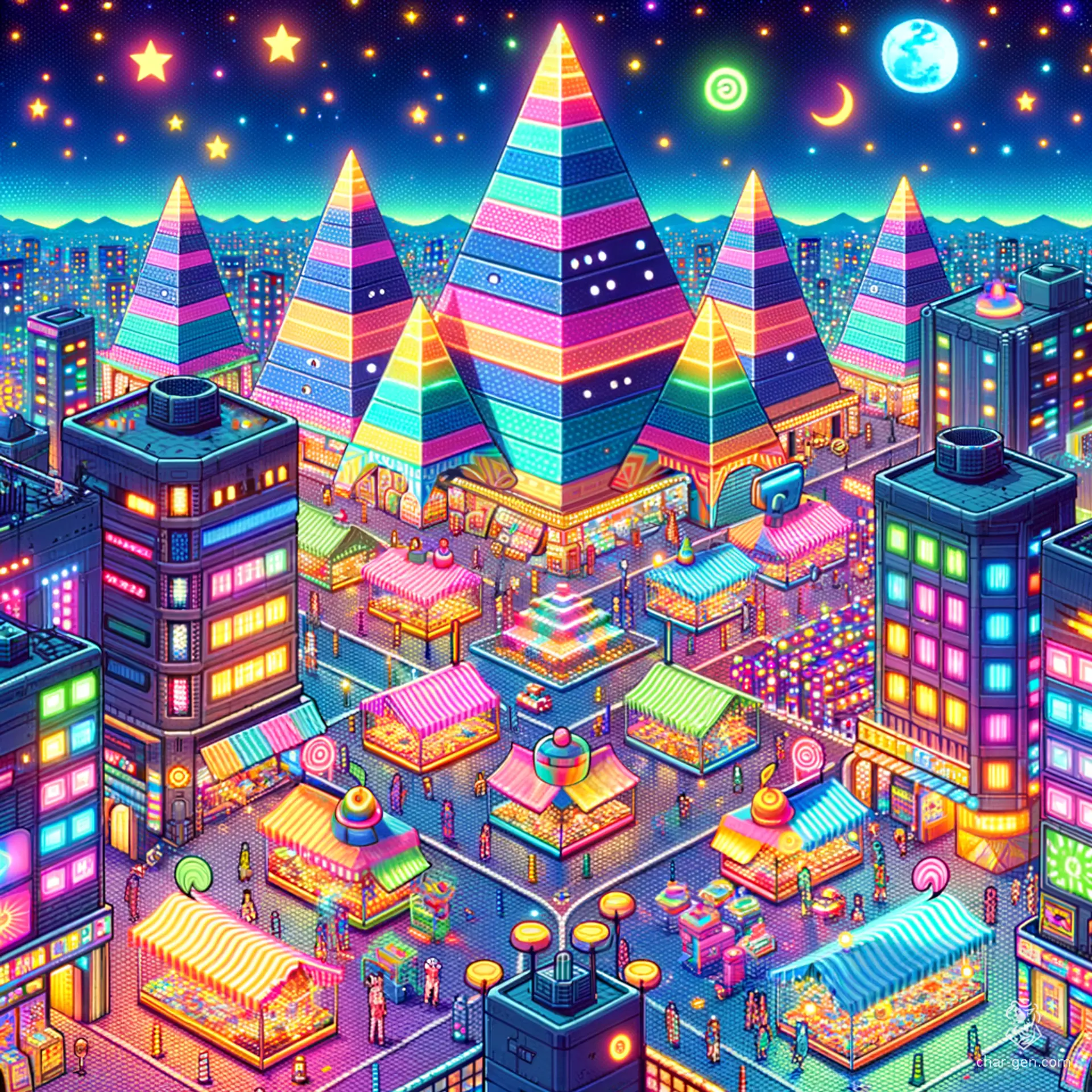 Welcome to the vibrant streets of Lumina, a psychedelic city where towering three-sided pyramid skyscrapers pulse with radiant colors under the night sky. Amidst joyous festivities, hidden alleys beckon with secret stalls, while traps lie in wait for the unalert, crafting an exhilarating blend of wonder and danger. Be wary, for whispers of fortune and peril intertwine in this surreal splendor.