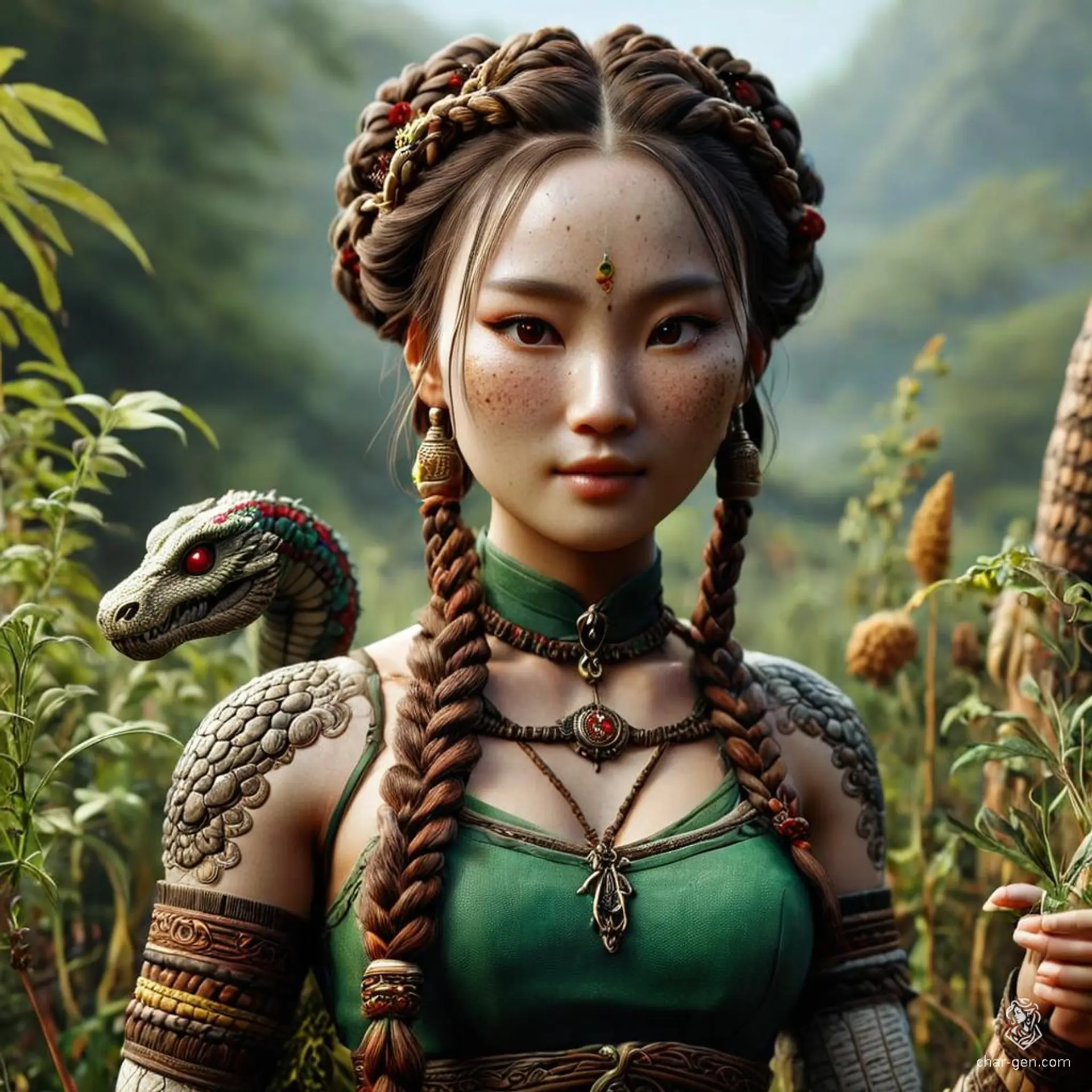 A serene, freckled-skinned female yuan-ti cleric with snake-like features and a braided hair, blends natural remedies as a herbalist. Amid dried herbs and potions, she exudes tranquility, her prominent holy symbol marking her devotion.