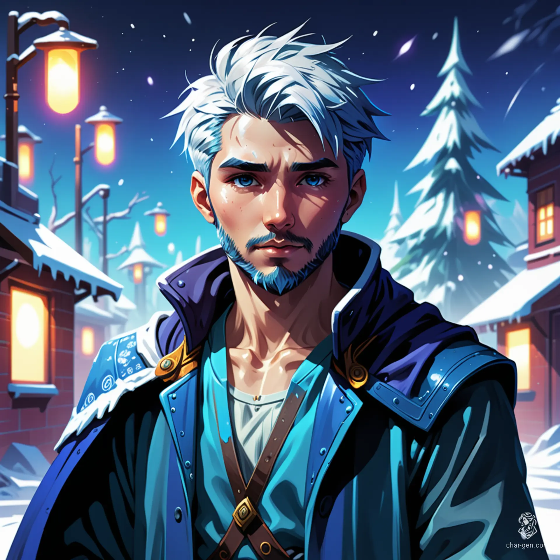 A 30-year-old human sorcerer with striking blue hair and beard, he wields powerful ice magic. Dressed in vibrant winter attire, his retro anime design radiates a high-contrast, semi-realistic style, embodying the essence of 90s retro-futuristic fantasy.