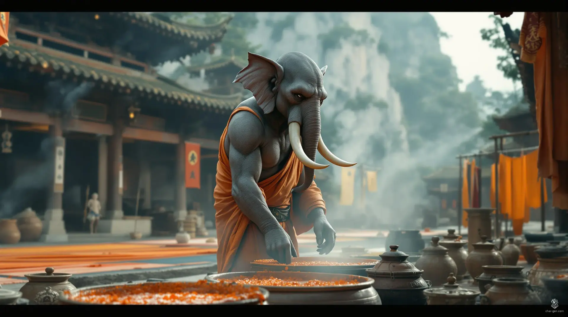 In the serene courtyard of a Shaolin temple nestled between the Zhangjiajie Mountains and Congo Basin jungle, a young male Loxodon monk—elephantine with tusks and weathered gray skin—calmly dyes vibrant orange, red, and yellow fabrics. His fluid motions embody disciplined tranquility amid radiant colors and lush nature.