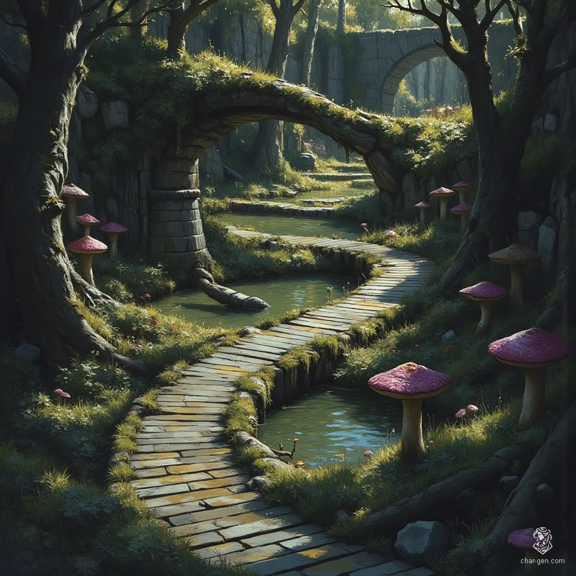 Venture into a murky swamp where sticky mud squelches beneath your feet and glowing crickets serenade the twilight. Tangled mangroves obscure pools of rippling water, while peculiar purple mushrooms cling to decaying logs. A broken highway bridge looms overhead, its pillars adorned with massive fay mushrooms, hinting at hidden secrets and lurking dangers. Beware the crossroads, a well-trodden campsite where curious adventurers have vanished without a trace.