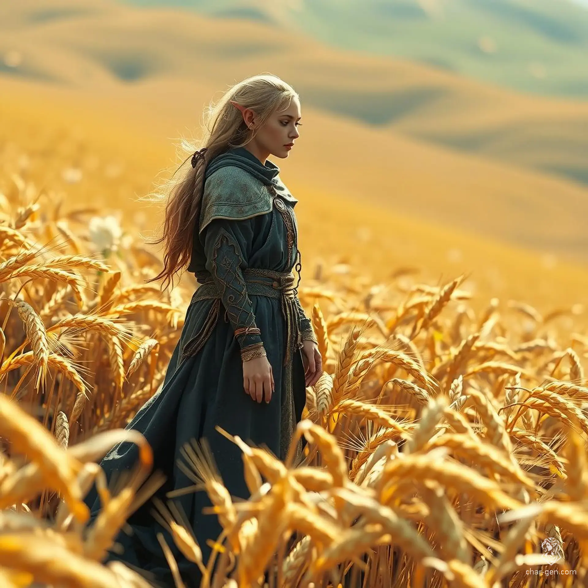 An ethereal elven female monk, garbed in tattered robes, stands serenely in a vast, sun-dappled wheat field. Golden stalks sway gently around her, their whispering rustles echoing ancient secrets. The soft hues of dusk cast a magical glow, rendering the scene hauntingly beautiful.