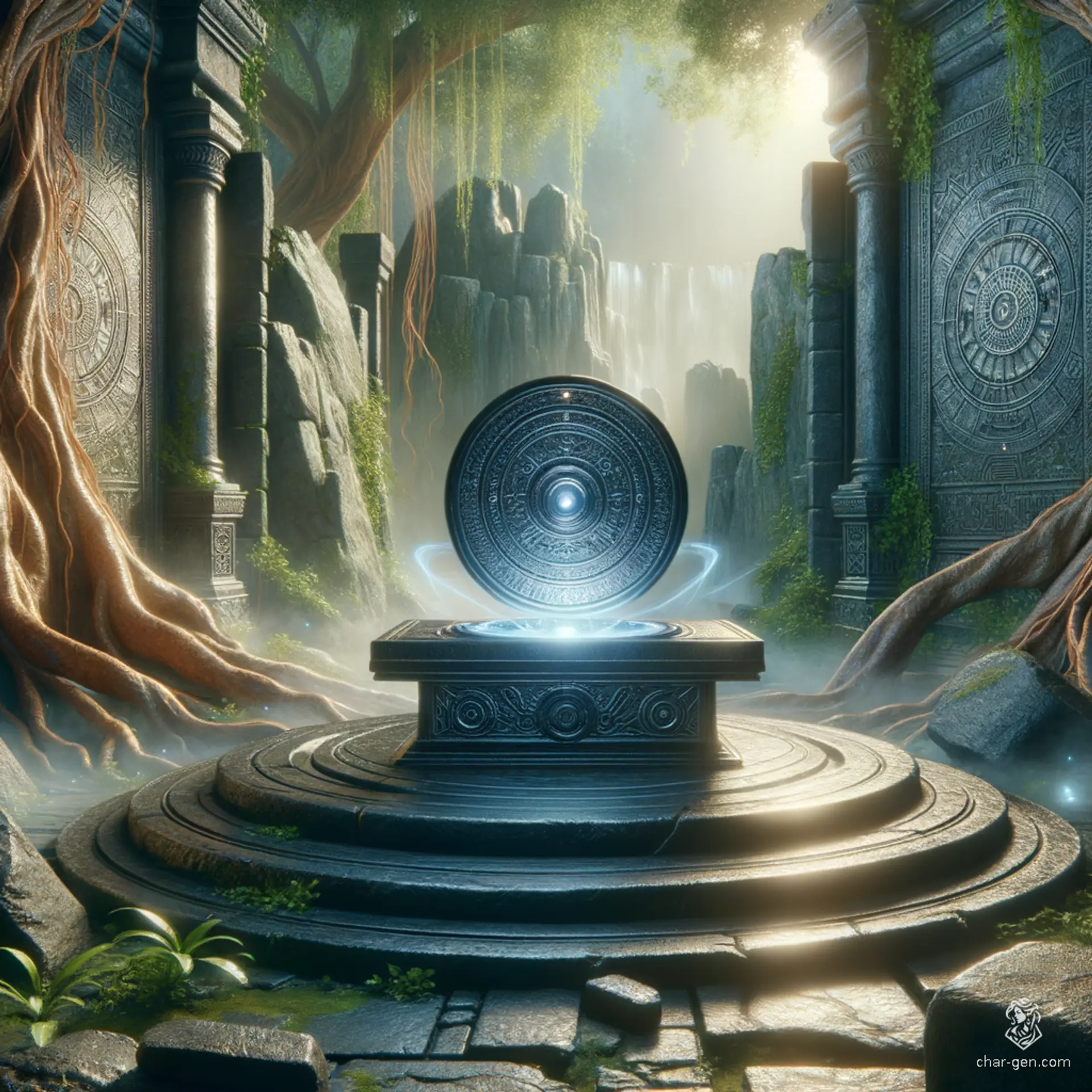 In a mist-shrouded glade, ancient stones rise like sentinels, crowned by a shimmering black metal disc. Ethereal light dances across the surface, illuminating the vibrant flora that flourishes in this enchanted sanctuary, where whispers of forgotten magic linger in the air.