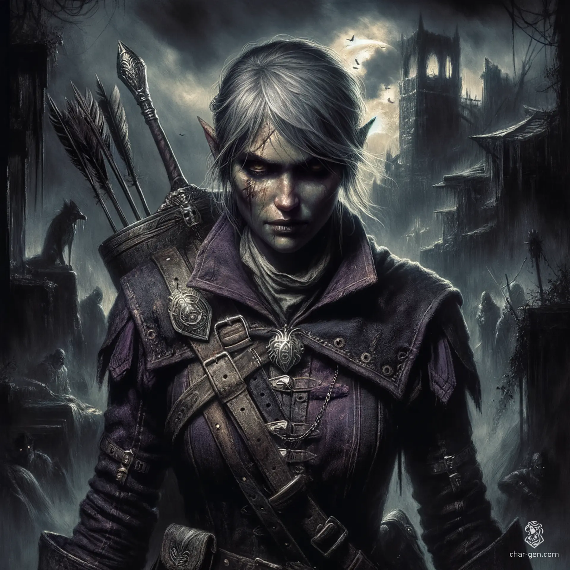Elyria, a female elf witch-hunter, dons rugged deep purple clothing entwined with holy symbols. Armed with silver weapons, she relentlessly pursues dark magic users, blending agility and intelligence in her pursuit of justice.
