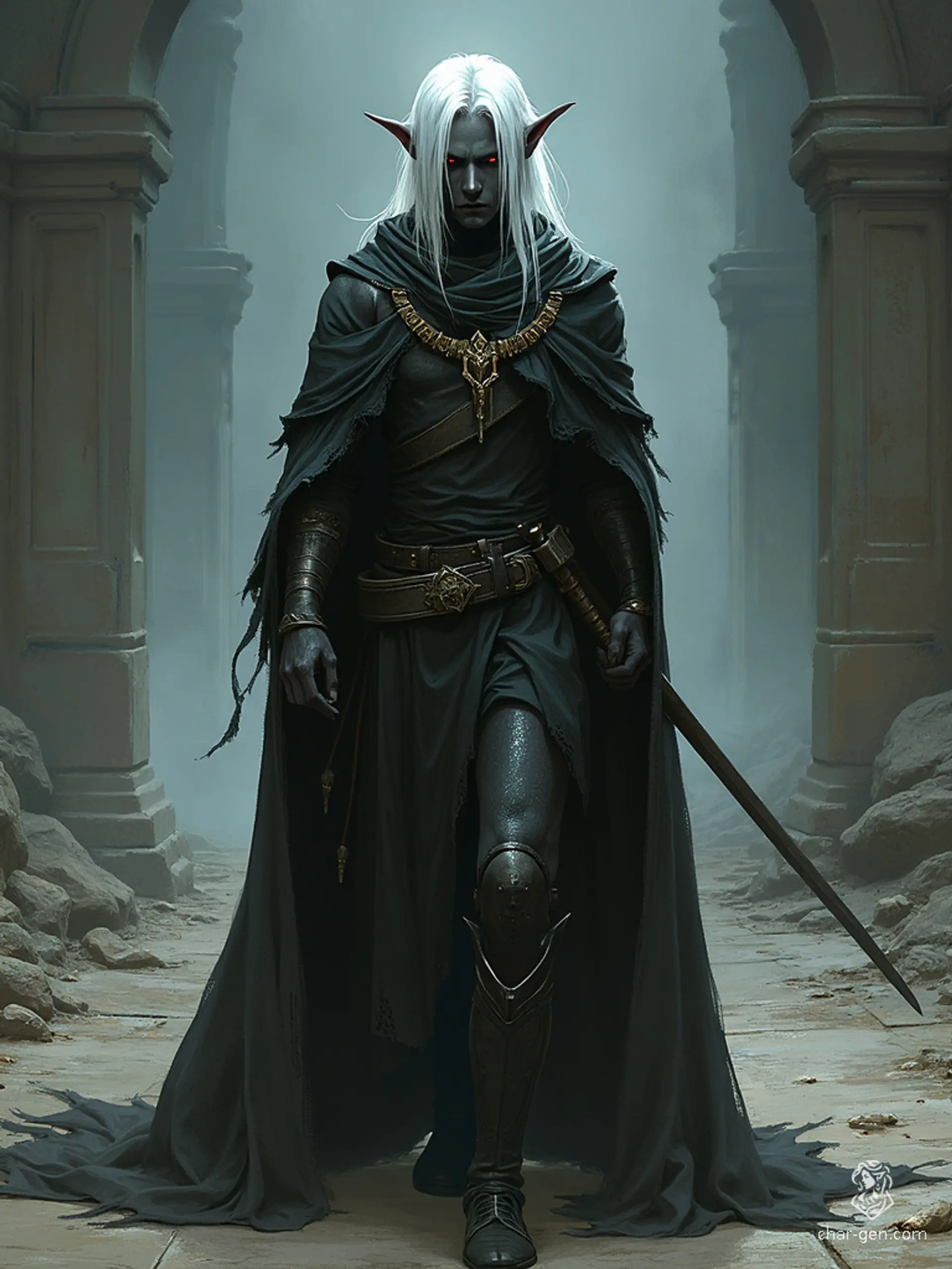 A dignified dark elf paladin with ebony skin and white hair, exuding a protective aura. The character embodies both grace and strength, a stalwart defender of justice.