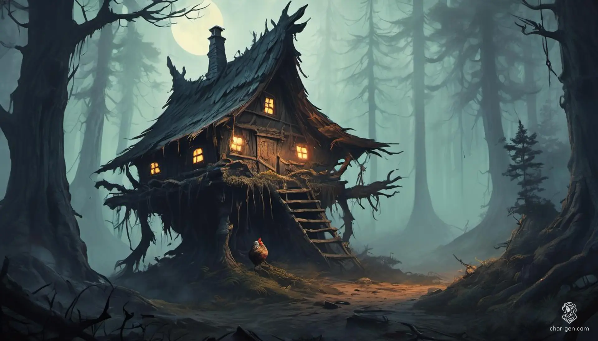 In a foreboding dark forest shrouded in dense fog, a twisted wooden hut stands on long, spindly chicken legs with gnarled joints. The warped walls are covered in glowing runes. Twisted trees and bioluminescent mushrooms contribute to the eerie atmosphere.