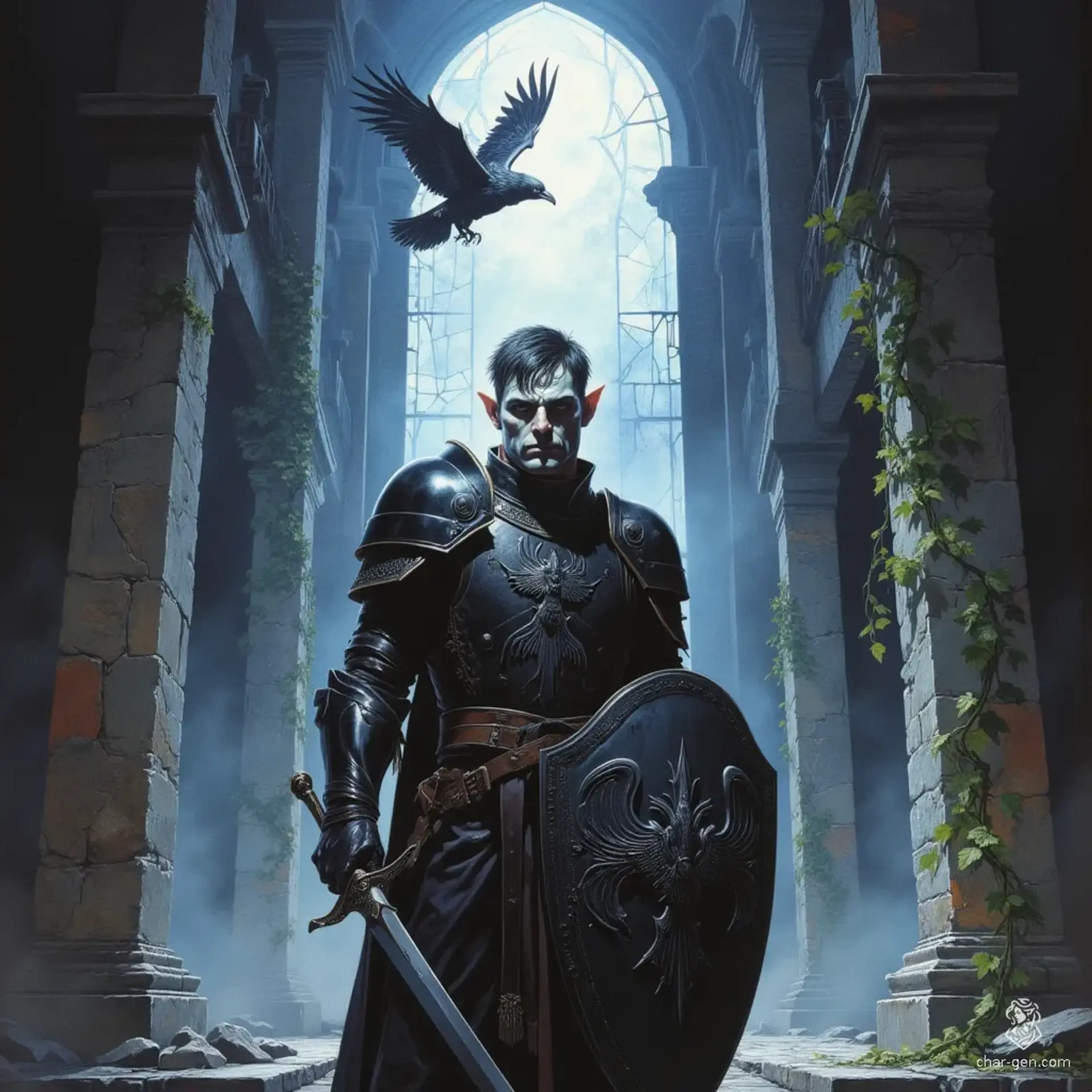 A male grey-skinned elf, clad in black leather armor adorned with a raven heraldic, embodies the dark elegance of a cleric serving the raven goddess. With a simple face tattoo and an undercut, he wields a black scimitar and shield, standing amidst an eerie night temple, a raven soaring overhead.