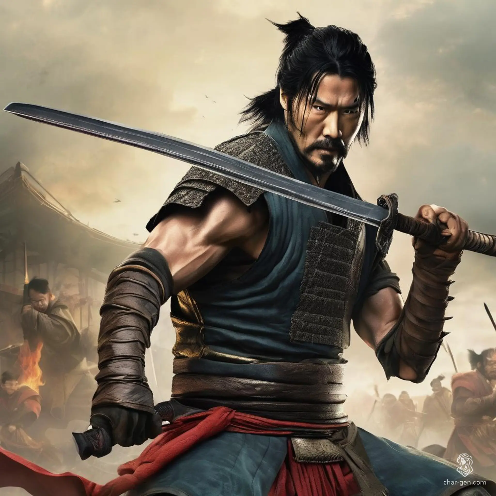 Oberon is a rugged, battle-hardened warrior with short black hair and stubble. Wearing a scarred leather vest, he bears the burns of countless battles against demons and men alike. Inspired by 47 Ronin’s Keanu Reeves, he embodies relentless ferocity and survival.