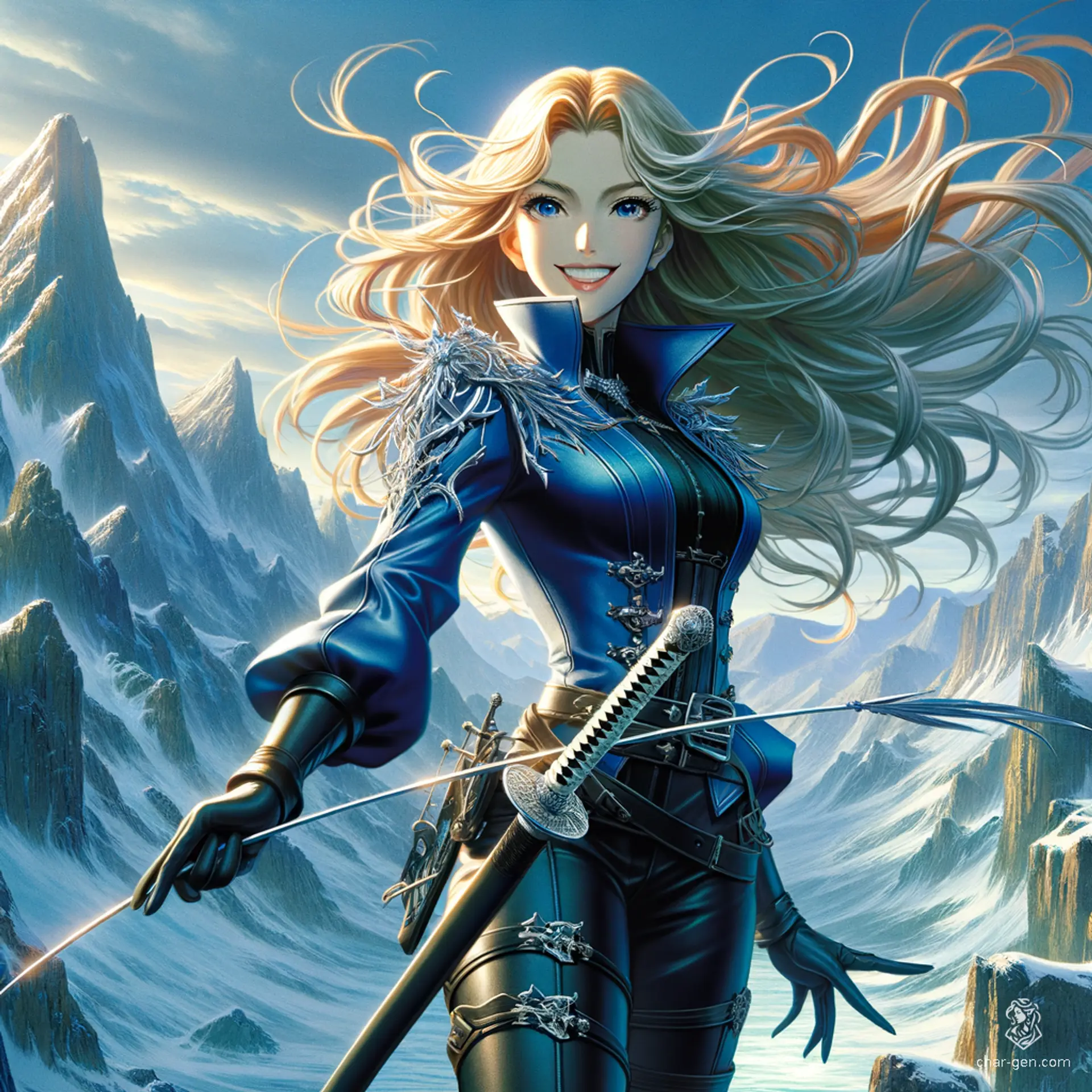 A stunning woman stands poised in mountains, her smile radiant. Dressed in tight blue leather with black long boots, her light blonde hair interwoven with silver strands glimmers. Armed with a rapier and boasting perfect anatomy, she exudes elegance and strength in this anime cinematic masterpiece.