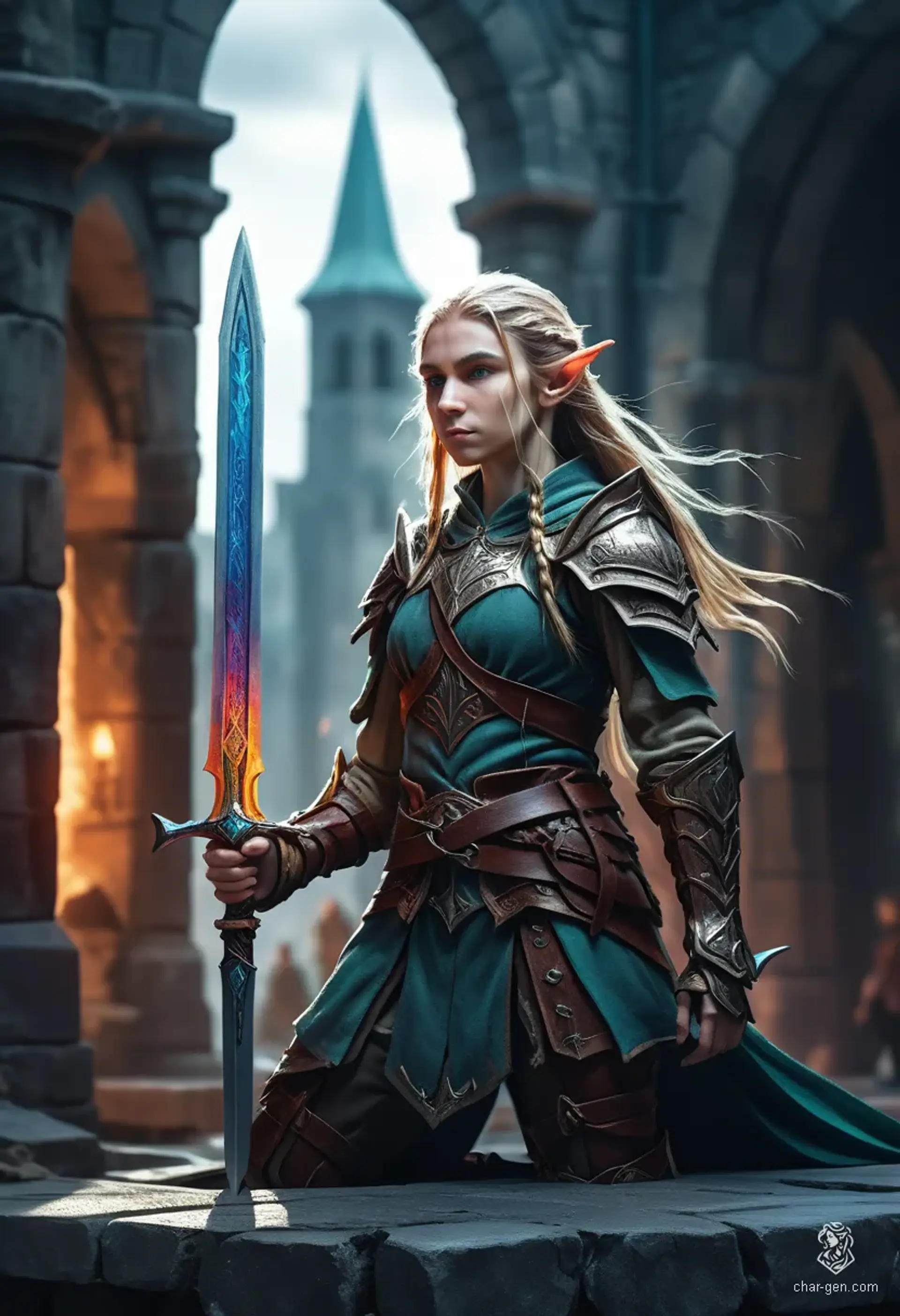 A dignified young elven paladin, she charges fiercely in heavy armor, wielding a massive greatsword. Her long hair flows as her fair skin gleams, embodying grace and strength. Poised in a dynamic battle stance, she radiates protective valor and unyielding courage.