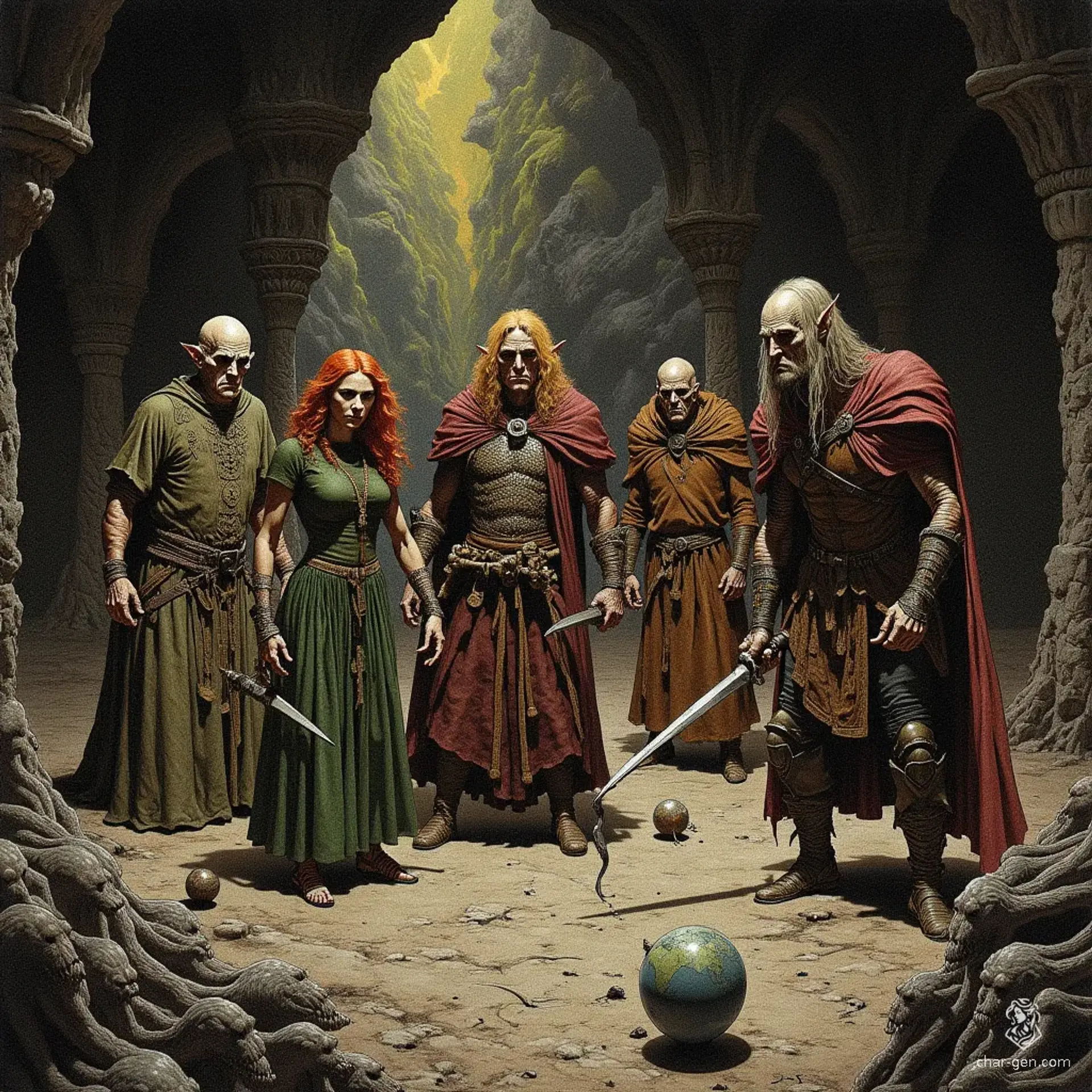 In a shadowy dungeon, a daring adventurer's party battles giant vermin. Led by a cunning halfling thief, they include an enigmatic elf necromancer, a fierce red-haired barbarian, a wise dwarven cleric, a valiant young paladin, and a spirited half-elf witch, united against the dark.