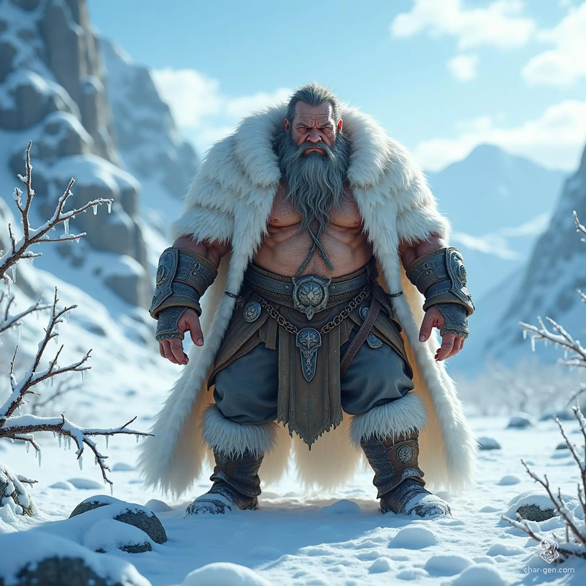 Elderly yet formidable, this rugged barbarian chief commands respect with his hulking presence. Dressed in simple villager attire and a striking white fur cloak, his fierce demeanor masks a lifetime of leadership, survival, and the untamed spirit of the wilderness he calls home.