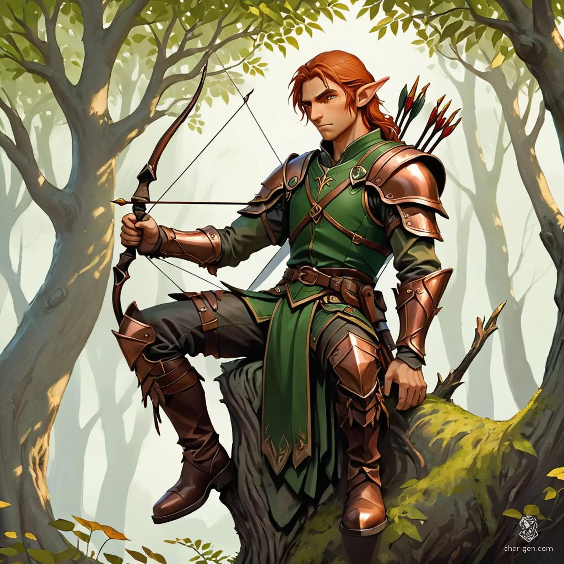 A vigilant wood elf ranger with brown skin and shoulder-length copper hair adorned with leaves, poised in a tree. Clad in leather armor and sturdy boots, he readies his bow, embodying agility and the essence of the forest.