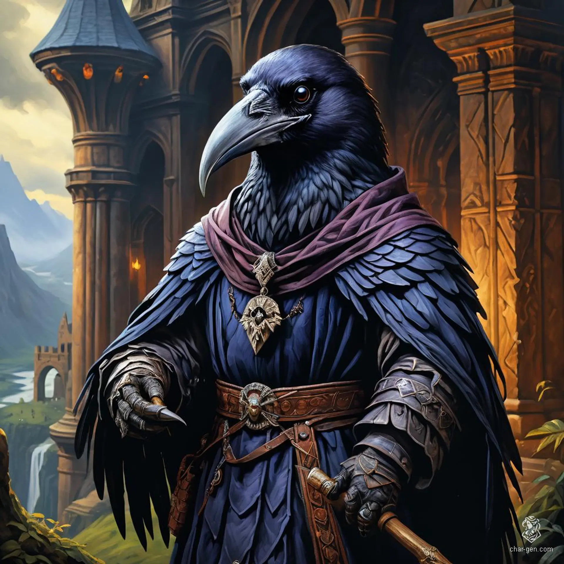 A short, winged kenku cleric with a raven-like head and serene demeanor. This anthropomorphic avian bears a prominent holy symbol, embodying wisdom and spirituality.