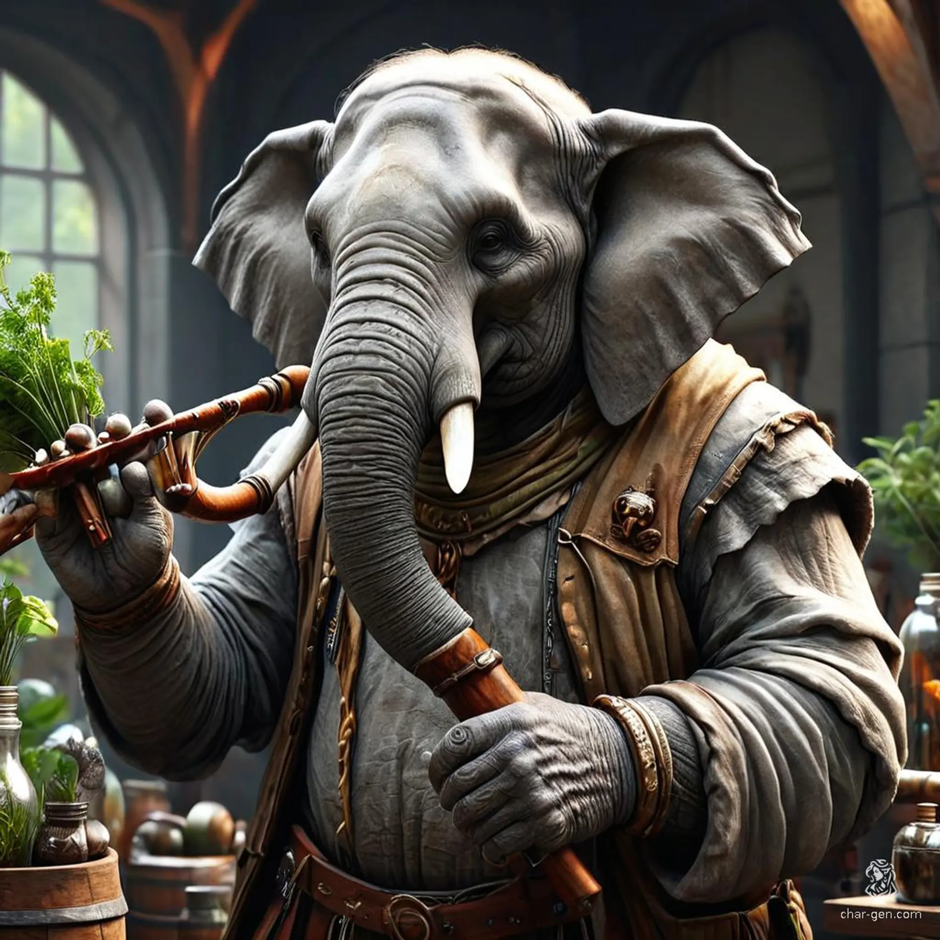 Grombar, a male Loxodon bard with a majestic elephant head and tusks, performs enchanting tunes on his magical lute. Amid his apothecary's hallowed shelves of herbs and potions, he blends medicinal expertise with soulful melodies, enveloped in an aura of healing and enchantment.
