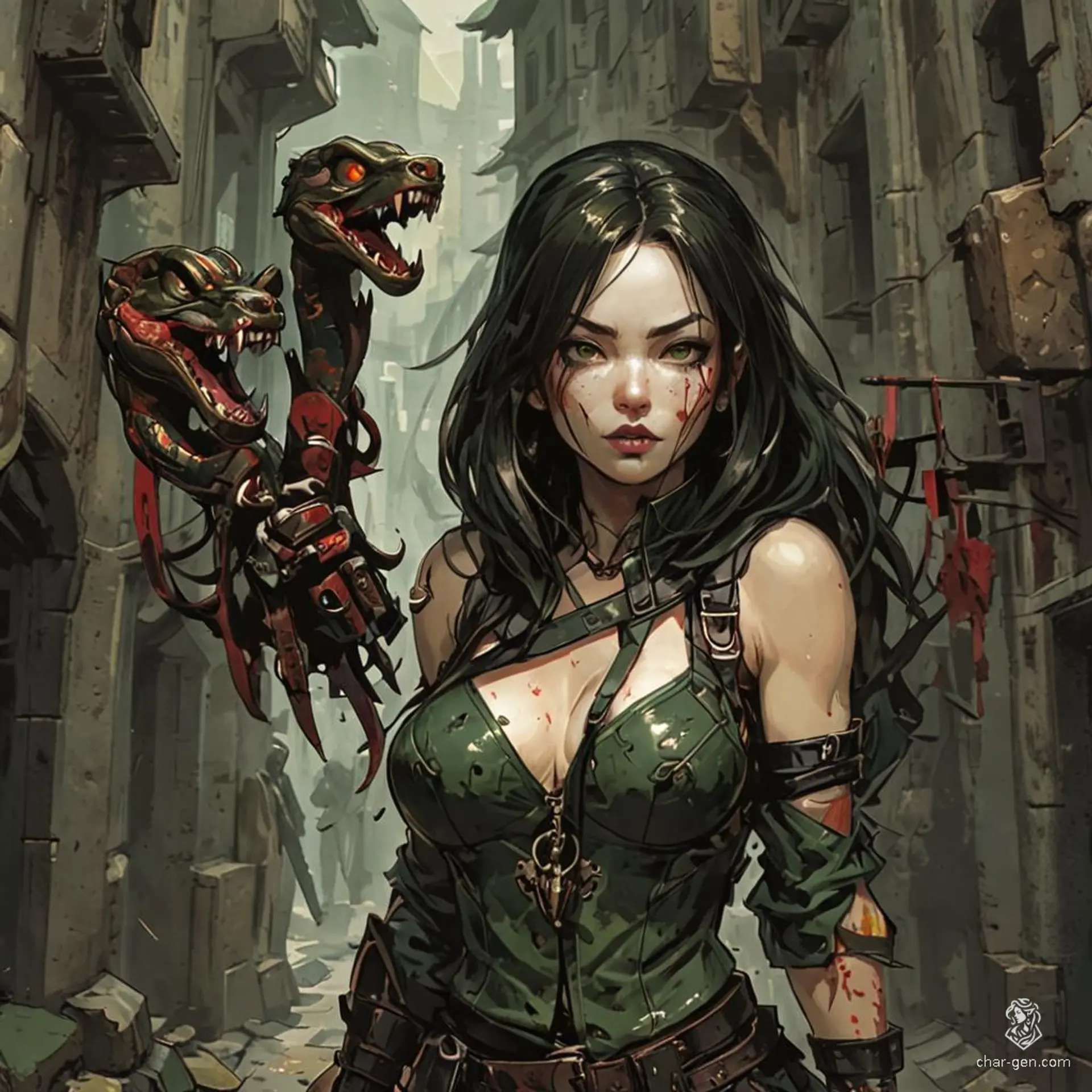 A cunning yuan-ti serpent woman rogue, clad in leather adorned with straps and pouches, triumphantly brandishes a severed vampire head. With green scales, snake-like features, and a forked tongue, her fierce expression mirrors the dangers lurking in the shadows of the medieval city alley.