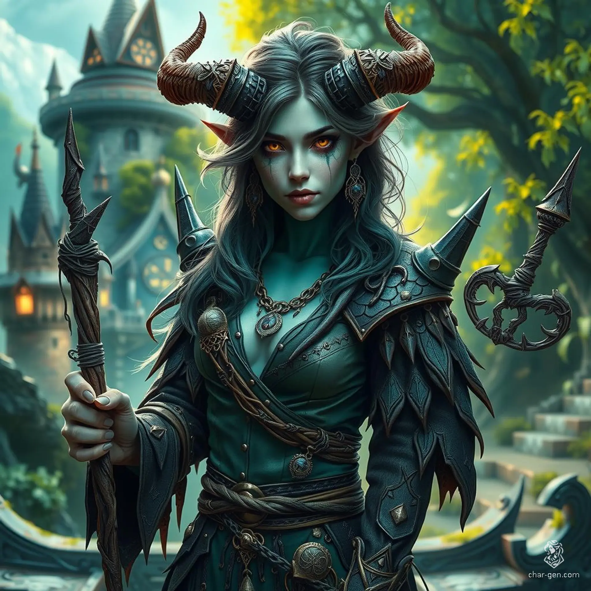 Lilith Valmoira is a half-human, half-tiefling druid with earthy elements and animal companions. With green skin, horns, and a long tail, she wields a twig-adorned staff. Abandoned due to her appearance, Lilith is deeply connected to nature, intelligent and wise despite facing many challenges.
