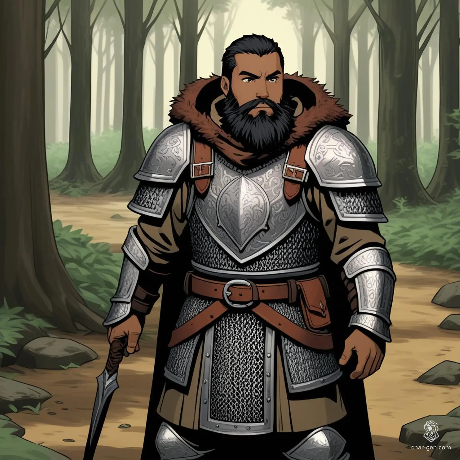 A rugged male dwarf hunter stands in the forest, his black hair and beard framed by a weathered brown hood. Clad in chainmail armor and a tan complexion, he blends seamlessly with the shadows, poised to track his quarry through the ancient trees.