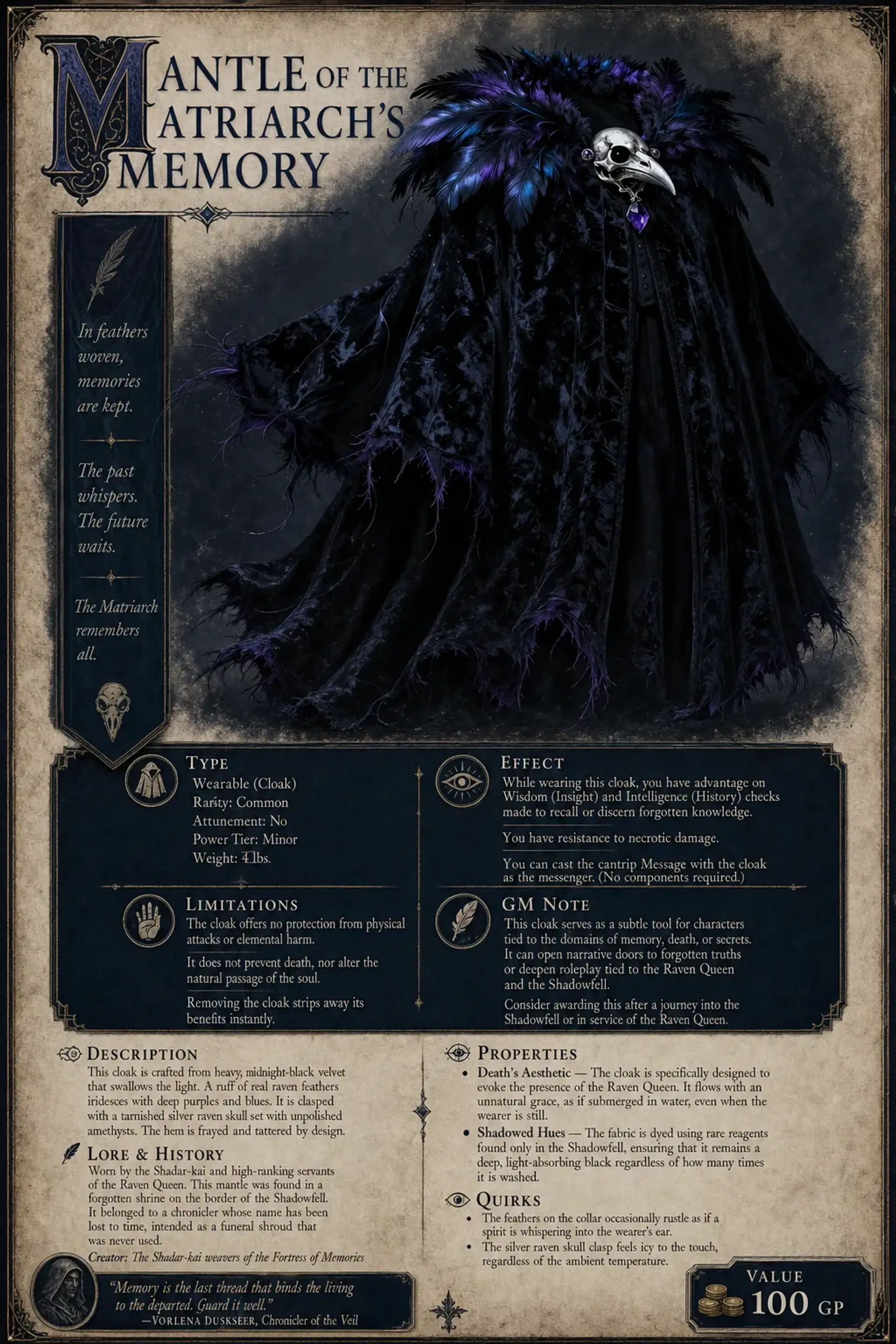 Mantle of the Matriarch's Memory | Fantasy Magic Item Generated by CharGen