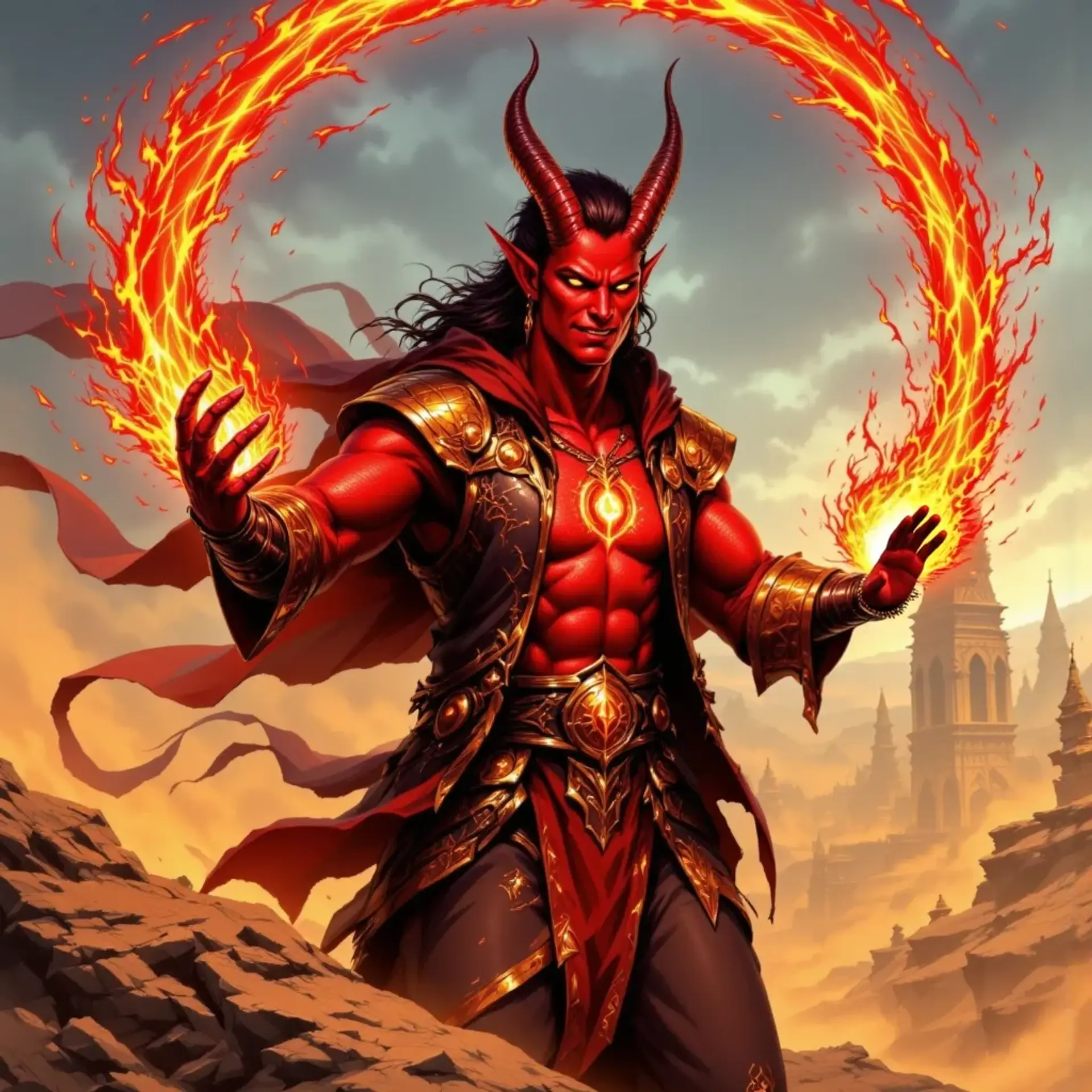 Meet Kaelith, a fiery tiefling warlock exuding desert heat with shimmering bronze skin. His sculpted torso is adorned with glowing runes, while enchanting golden earrings jingle as he conjures a vortex of flame. Standing atop a dune, Kaelith’s devilish smirk hints at unspoken deals amid ancient ruins.