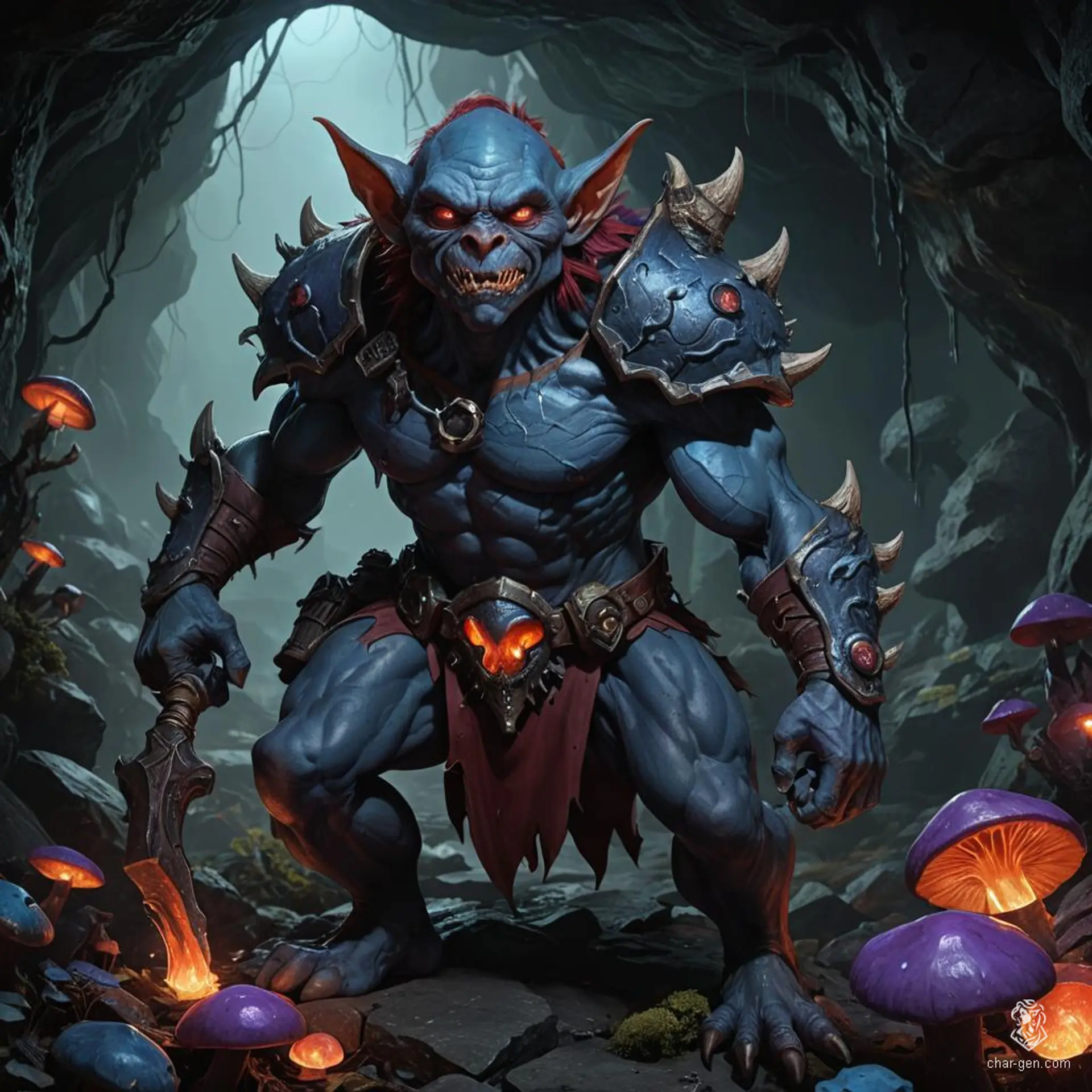 A sinister male hobgoblin bounty hunter, with a slender, muscular build, dark red skin adorned with black tribal tattoos, and an angular face featuring deep-set red eyes. His attire, a mix of black and purple leather armor complemented by a black trenchcoat and cowboy hat, is accented with metal skulls. Employed by an evil necromancer, this ranger, boasting sharp teeth, pointed ears, and keen eyesight, relentlessly pursues heroes with his expert ranger skills.