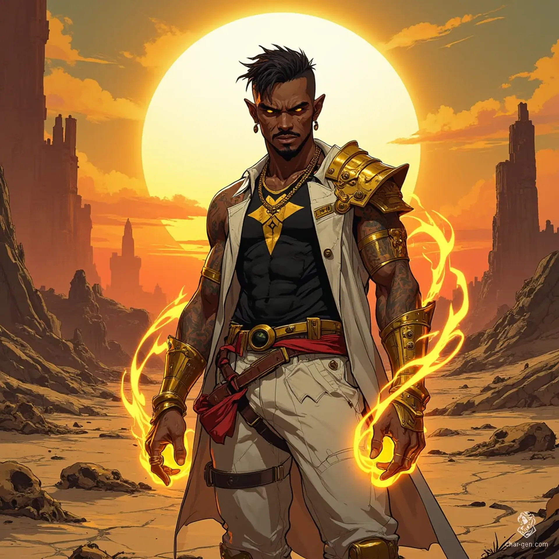 Gale, a former archmage from Baldur’s Gate, is a tall, lean figure with short curls and a cocky smirk. Draped in modern attire fused with gold armor, he harnesses chaotic Netherese magic, his glowing golden tattoos radiating energy. Cursed yet determined, he embraces the world with swirling magic around him.