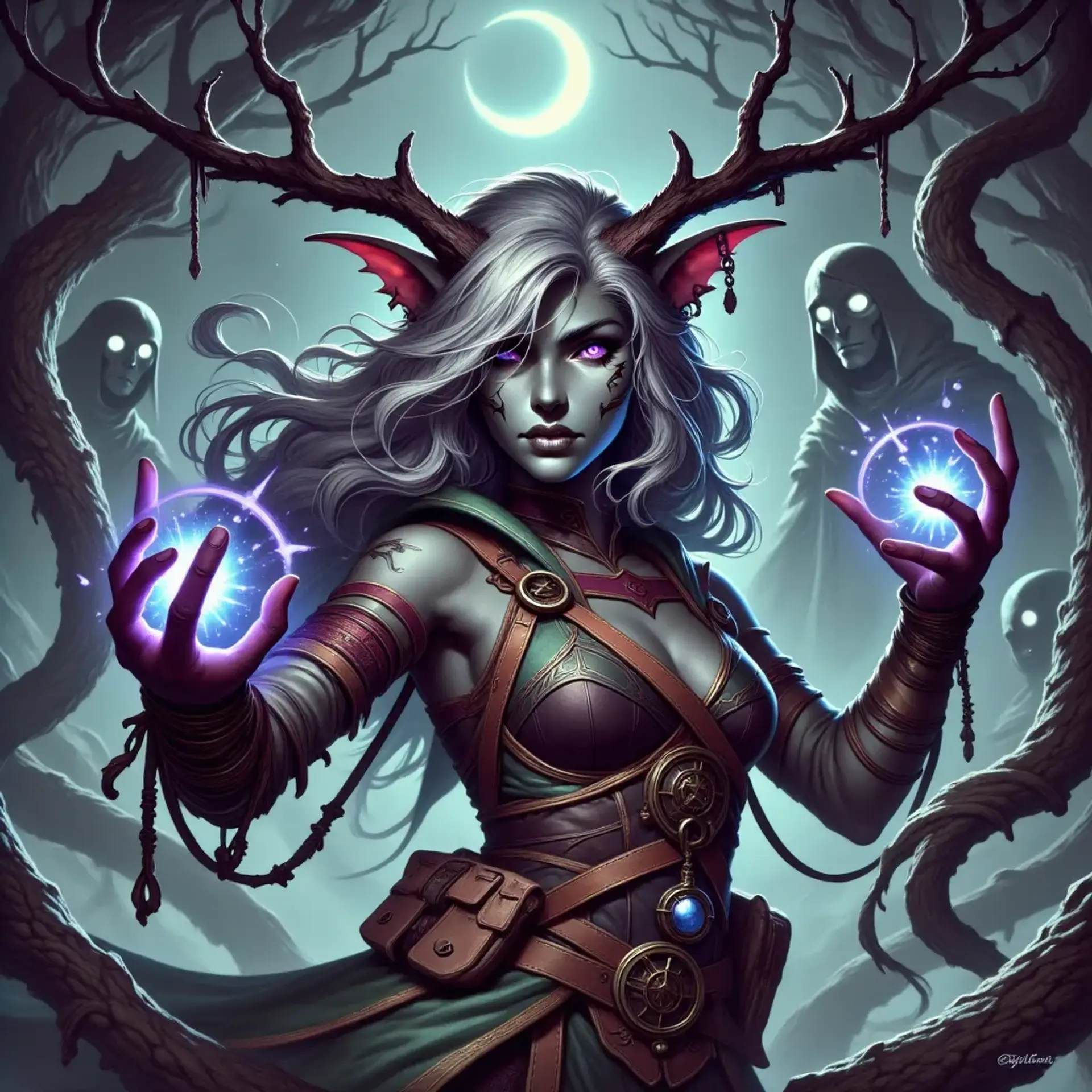 In an ethereal realm of swirling shadows, a tall, lithe female fetchling courier casts powerful shadow spells. Her gray skin and dark silver hair blend seamlessly with her mysterious surroundings. Glowing starlit eyes and intricate runes on her armor reflect her mastery of shadow magic, as tendrils wreathe around her.