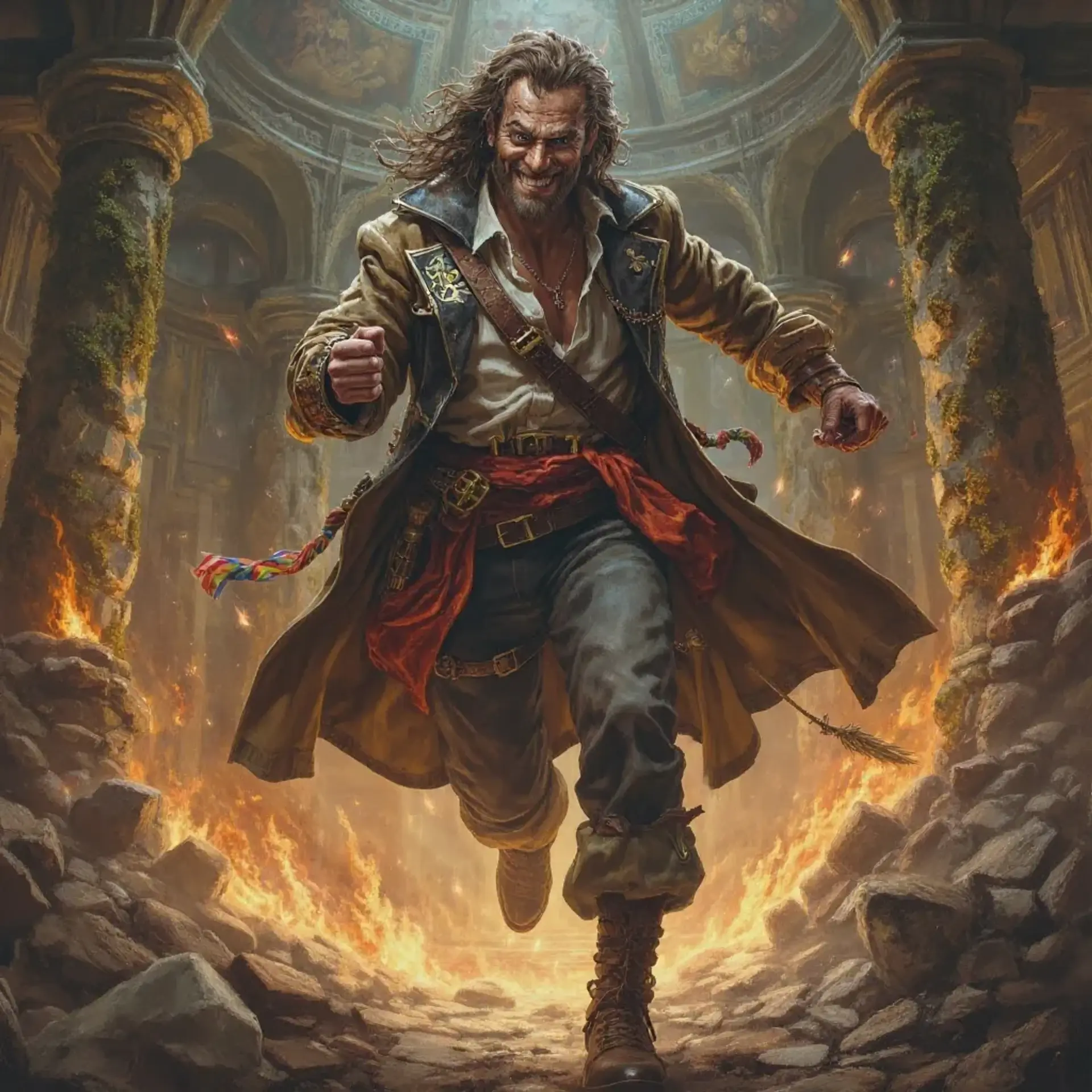 Jakobe Lark, a charismatic rogue, exudes mischief and thrill amidst swirling chaos in ancient ruins. With a roguish grin, flamboyant attire, and a glinting rapier, he dances with danger, embodying adventure and carefree audacity as arrows fly and flames erupt around him.