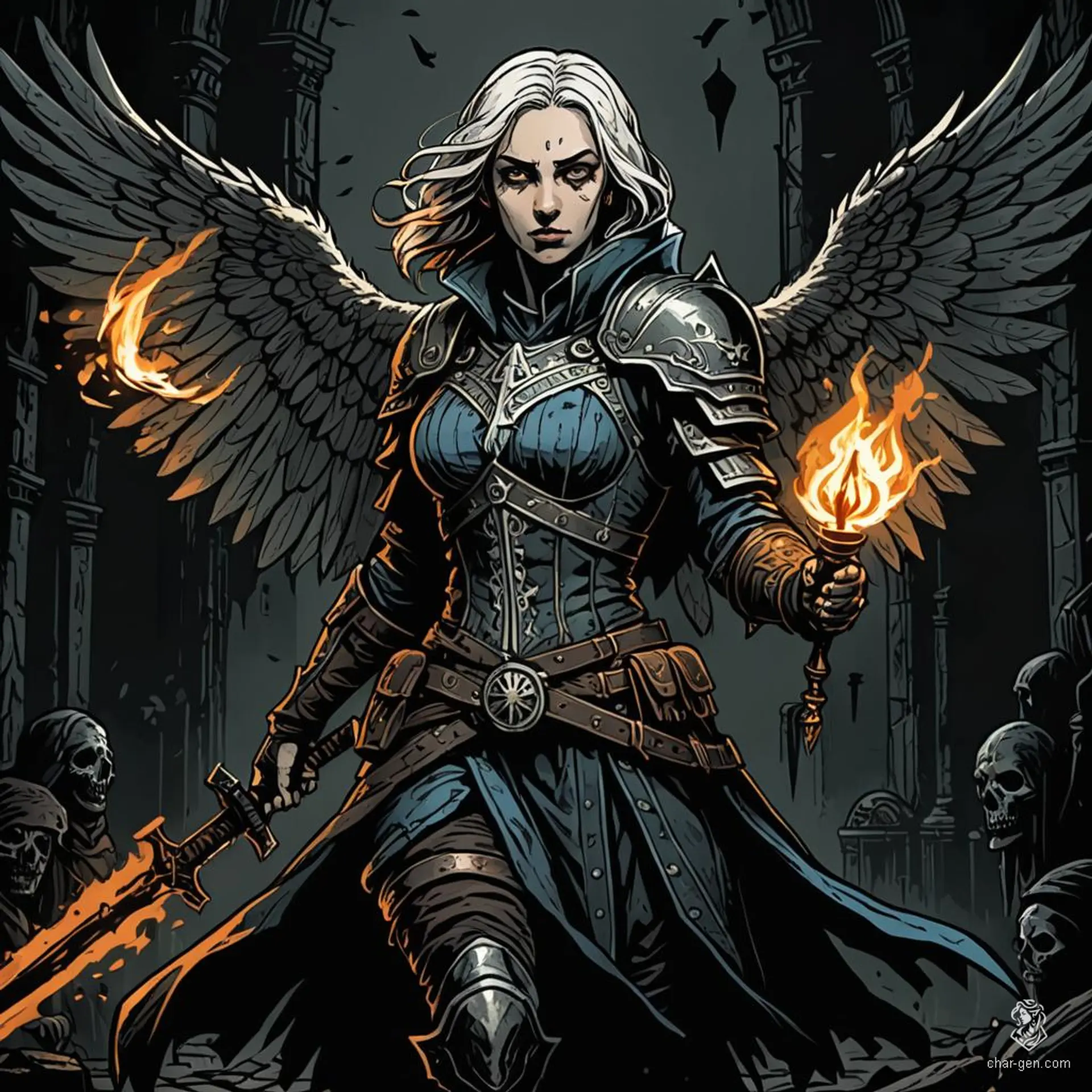 In a hand-drawn Darkest Dungeon style, the female Aasimar Paladin exudes a dignified aura, her unusual colored eyes glowing with angelic intensity. Bathed in a holy glow, she fights against shadows with a torch in hand, a halo of light illuminating her protective stance.