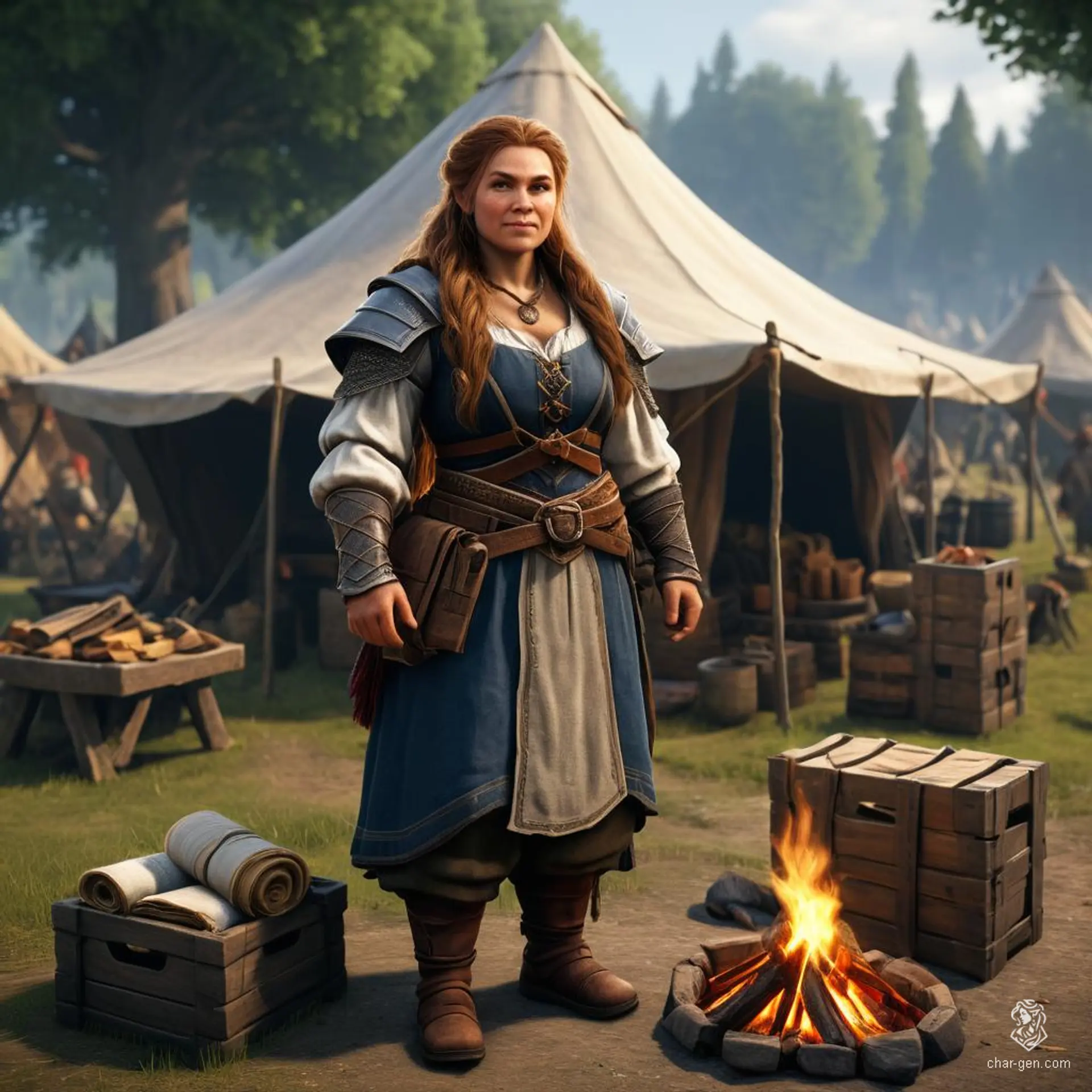 A medium-skinned female dwarf, with refined hair, stands amidst crates and scrolls, bartering goods from distant lands. Dressed in merchant clothes, she skillfully navigates maps and ledgers, embodying a seasoned, middle-aged trade expert.
