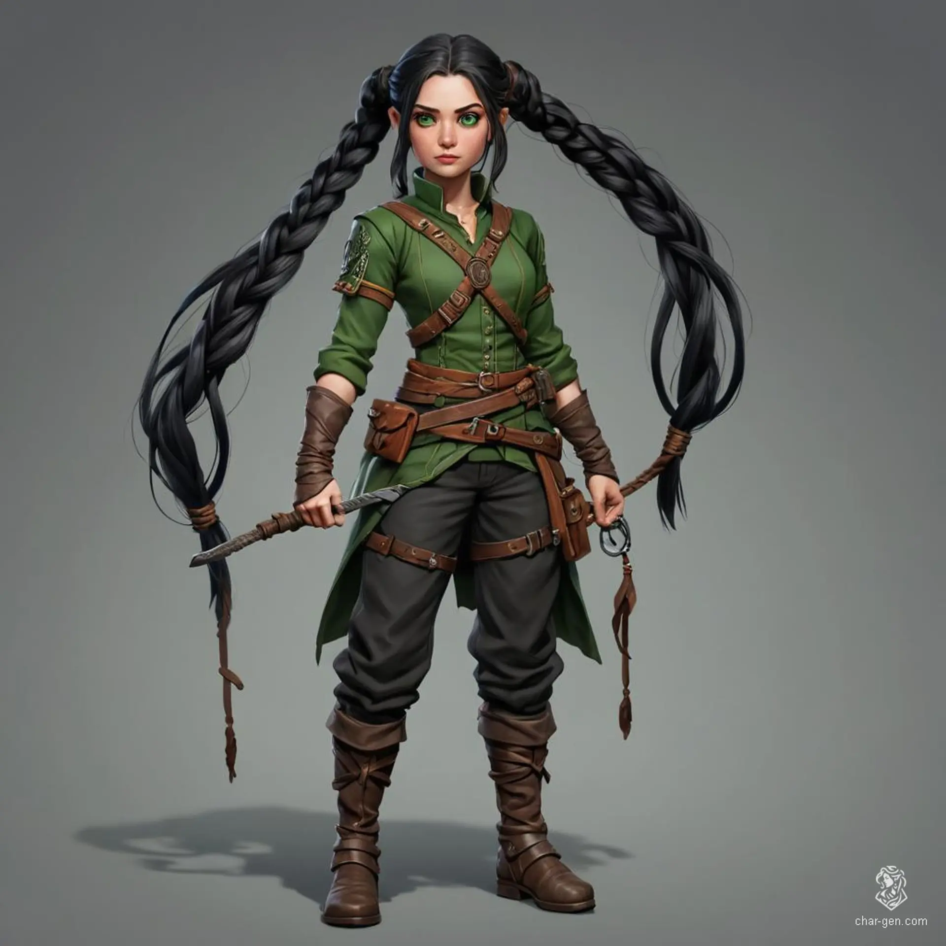 Meet Elara, a nimble halfling rogue with a single long braid of raven-black hair cascading down her back. Her vibrant green eyes gleam with mischief and cunning, perfectly complementing her agile frame. Quick-witted and stealthy, she navigates shadows with grace, always ready for her next adventure.