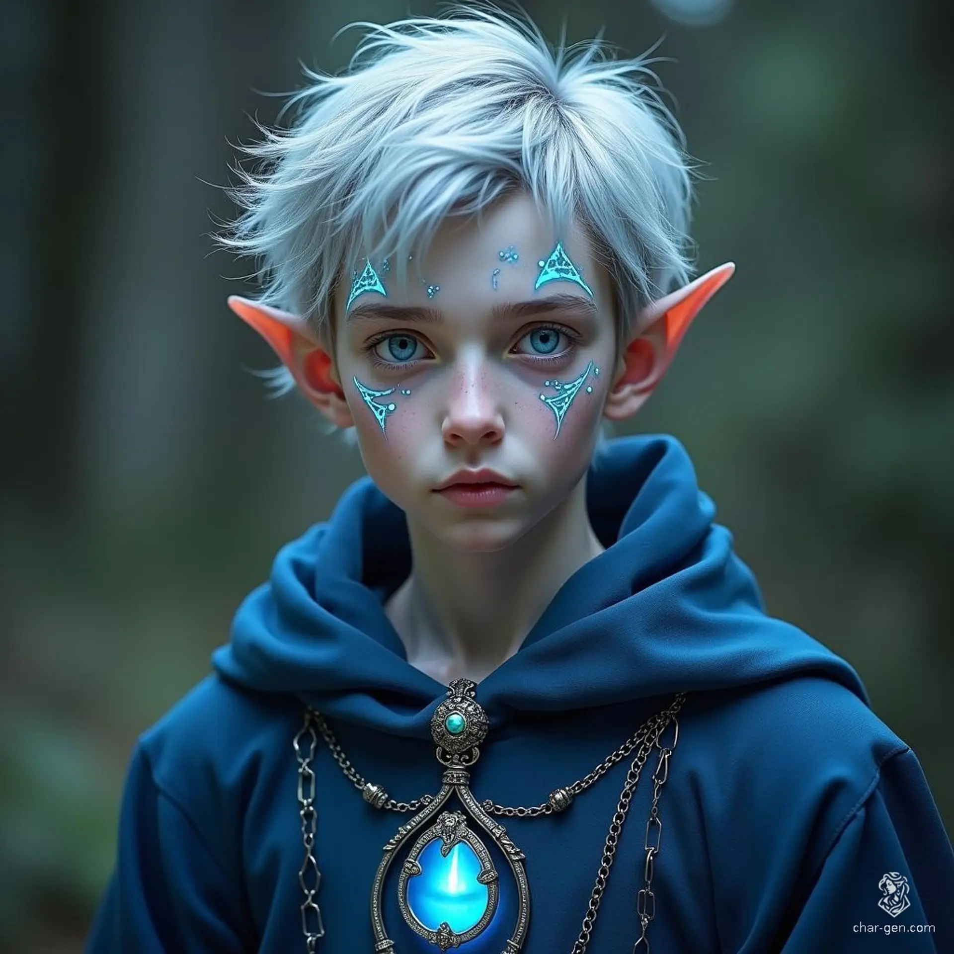 Vollaron, a frail young high elf with sharp, masculine features, possesses glowing blue eyes and intricate arcane markings beneath them. Master of chronomancy, he dons elegant, oversized blue and silver robes, enhanced by an hourglass pendant, exuding an ethereal aura filled with mystery and power.