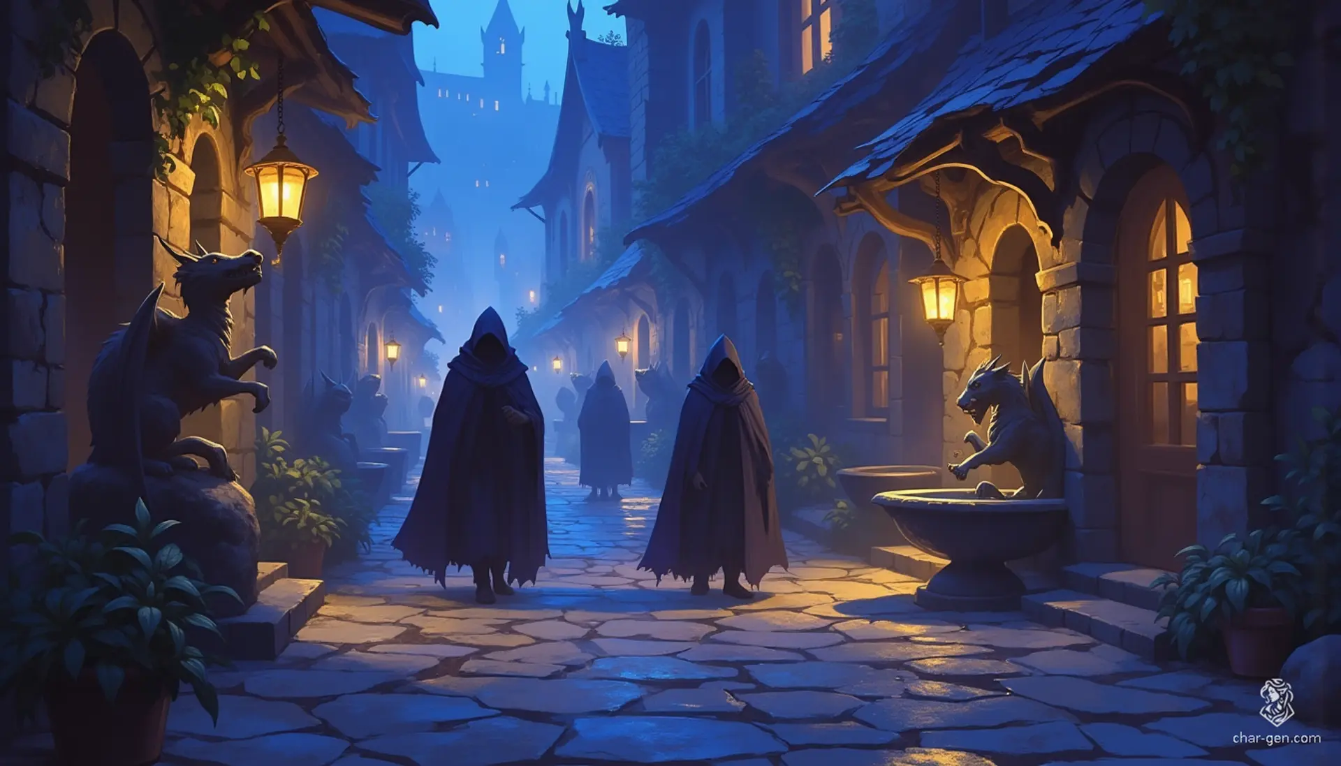 As dusk blankets Westcrown, cobblestone streets glow softly under antique lanterns, casting flickering shadows. Weathered statues stand sentinel amidst murmurs of cloaked figures, while ancient fountains murmur secrets of the past. The air hums with a magical ambiance, inviting the night’s whispered tales.