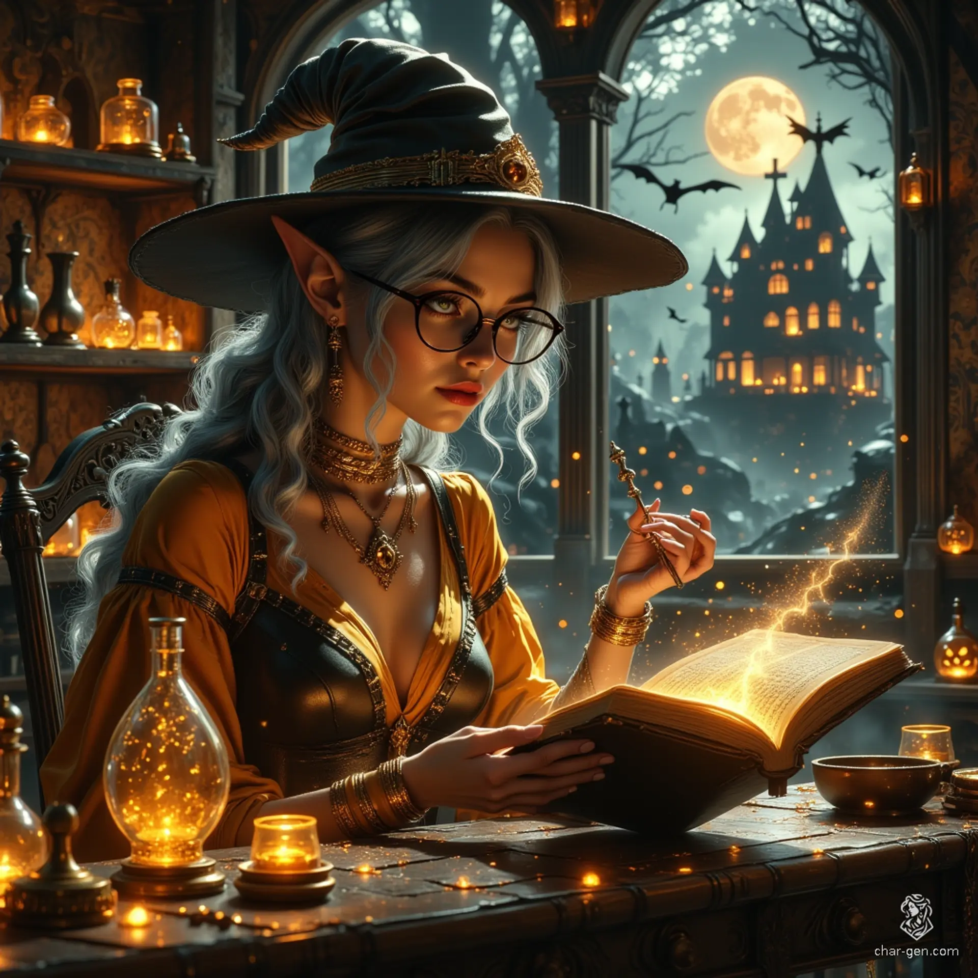 Maryam is a charming, older elf witch, embodying both warmth and curiosity. Her graceful form, tanned skin, and playful, grey-streaked hair reflect her wisdom. Surrounded by potions and herbs, she diligently studies her tome, while her ghostly spider familiar keeps watch, highlighting her enchanting, medicinal expertise.