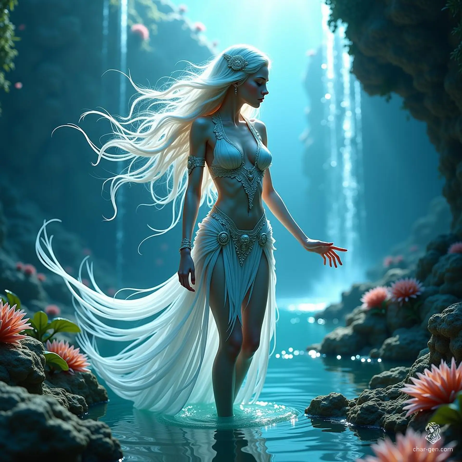 The ethereal fey nymph is a breathtakingly beautiful creature, resembling an elf with luminescent skin and flowing, delicate hair. Enveloped in an aura of enchanting magic, she captivates all who behold her, embodying grace, beauty, and the mystical essence of nature itself.