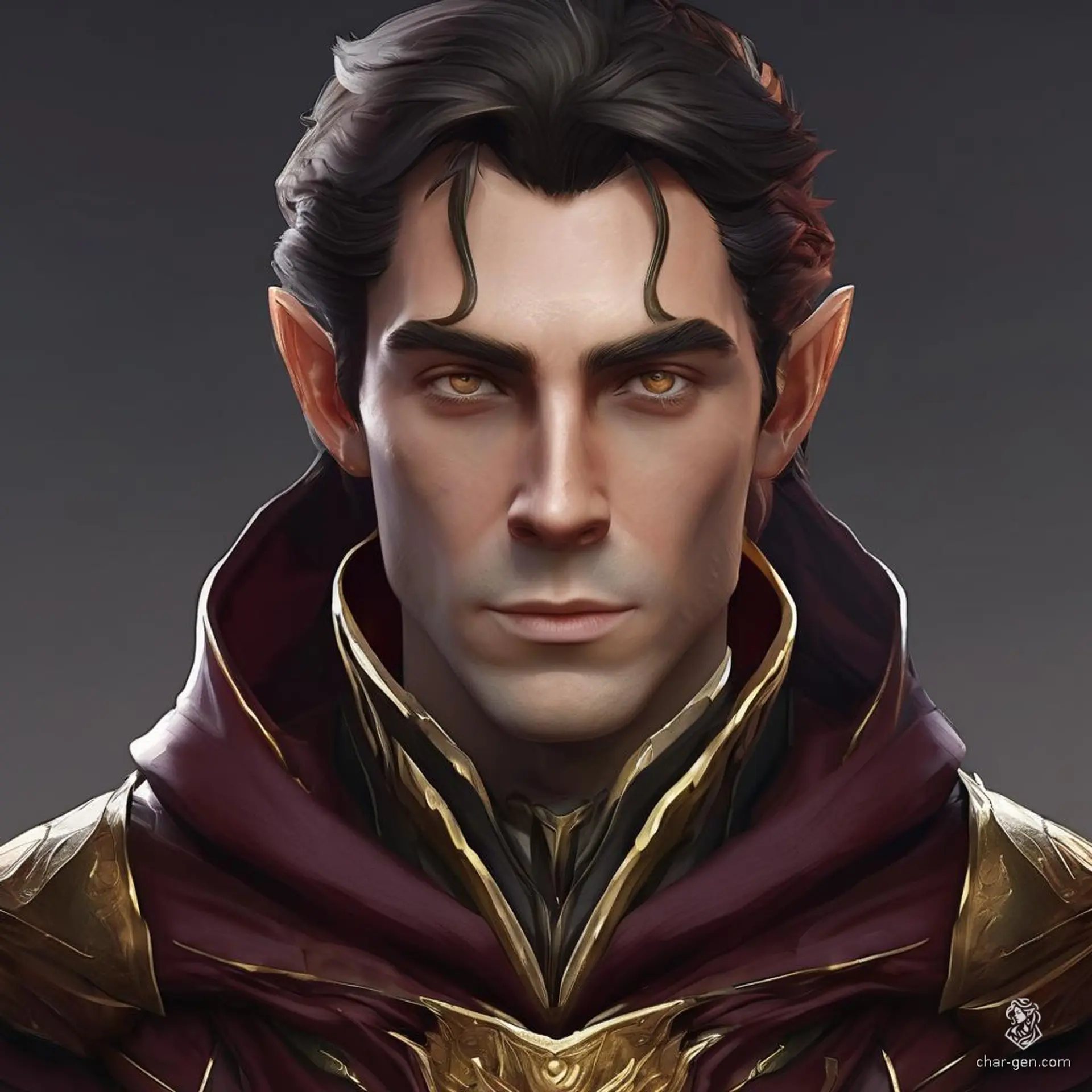 A poised Elf male wrapped in a deep burgundy hooded cloak adorned with gold details. His hood is drawn up, primarily obscuring the intricate armor beneath, lending him an air of mysterious elegance and quiet strength.